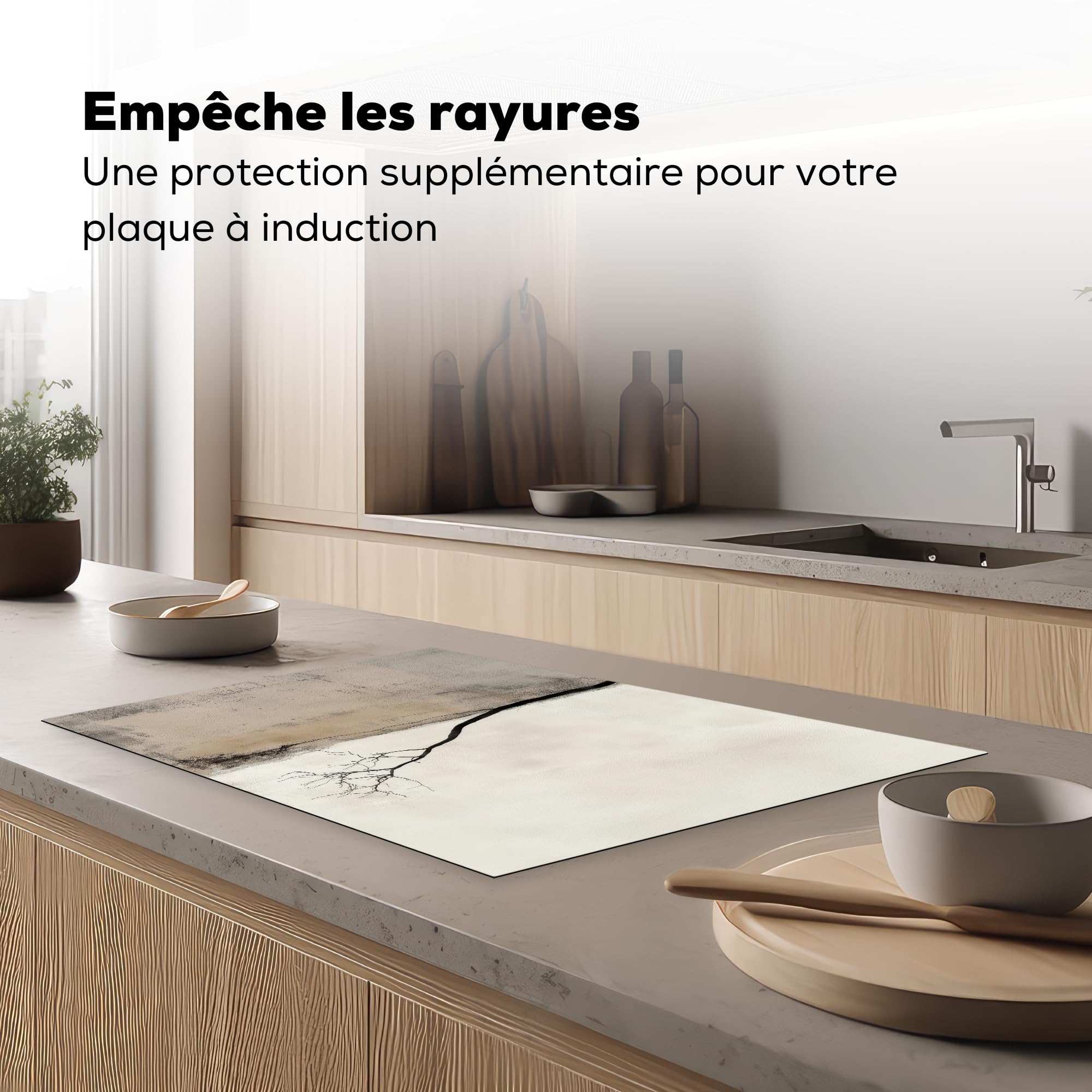 KitchenYeah© Protection Plaque Cuisson Deco Cuisine Cache Induction 80x52 cm Protège Pour Cuisiniere Protection Wabi Sabi - Plante - Beige