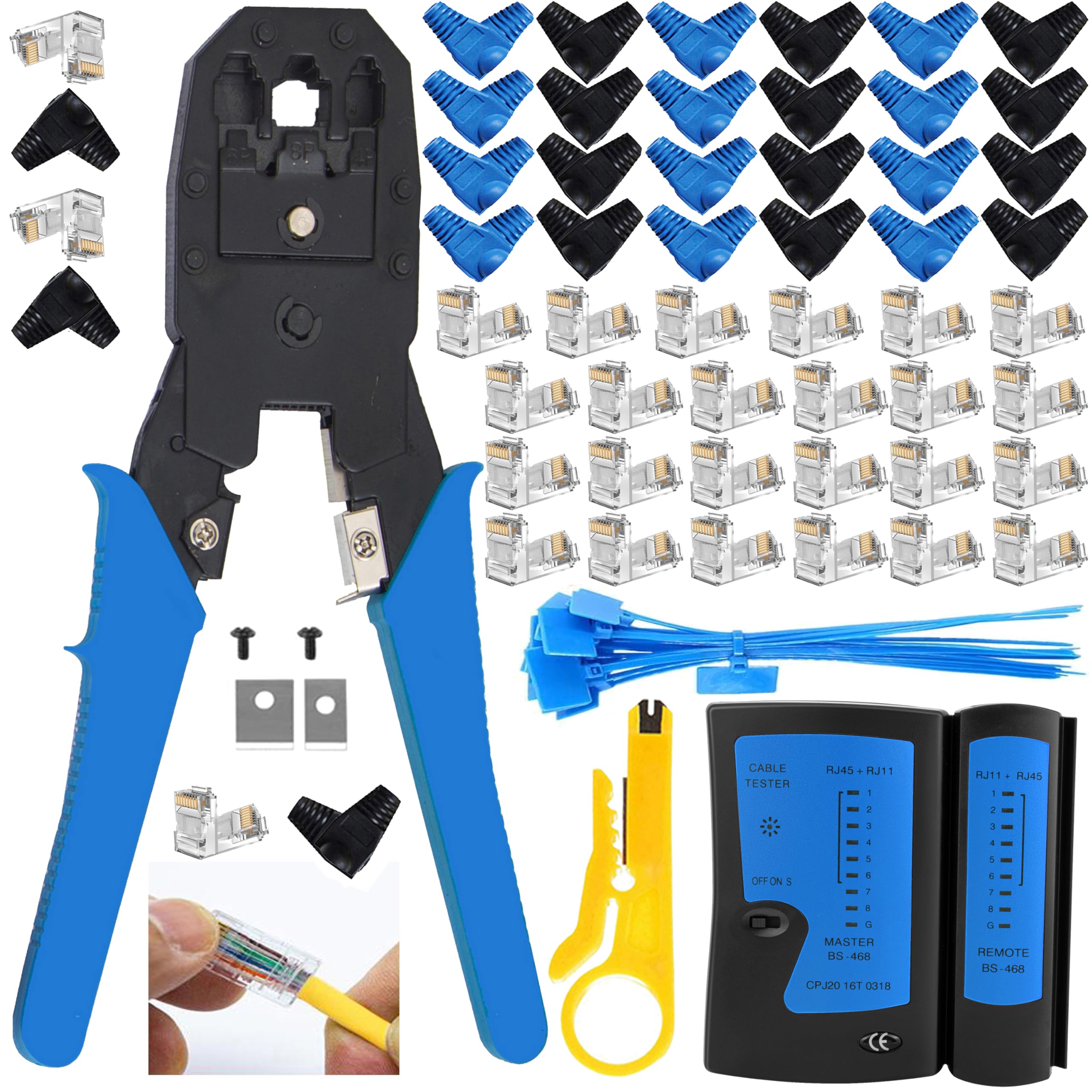 Pince à sertir RJ45 CAT6 et CAT5 avec 50 connecteurs et kit de poinçonnage bleu LEATBUY