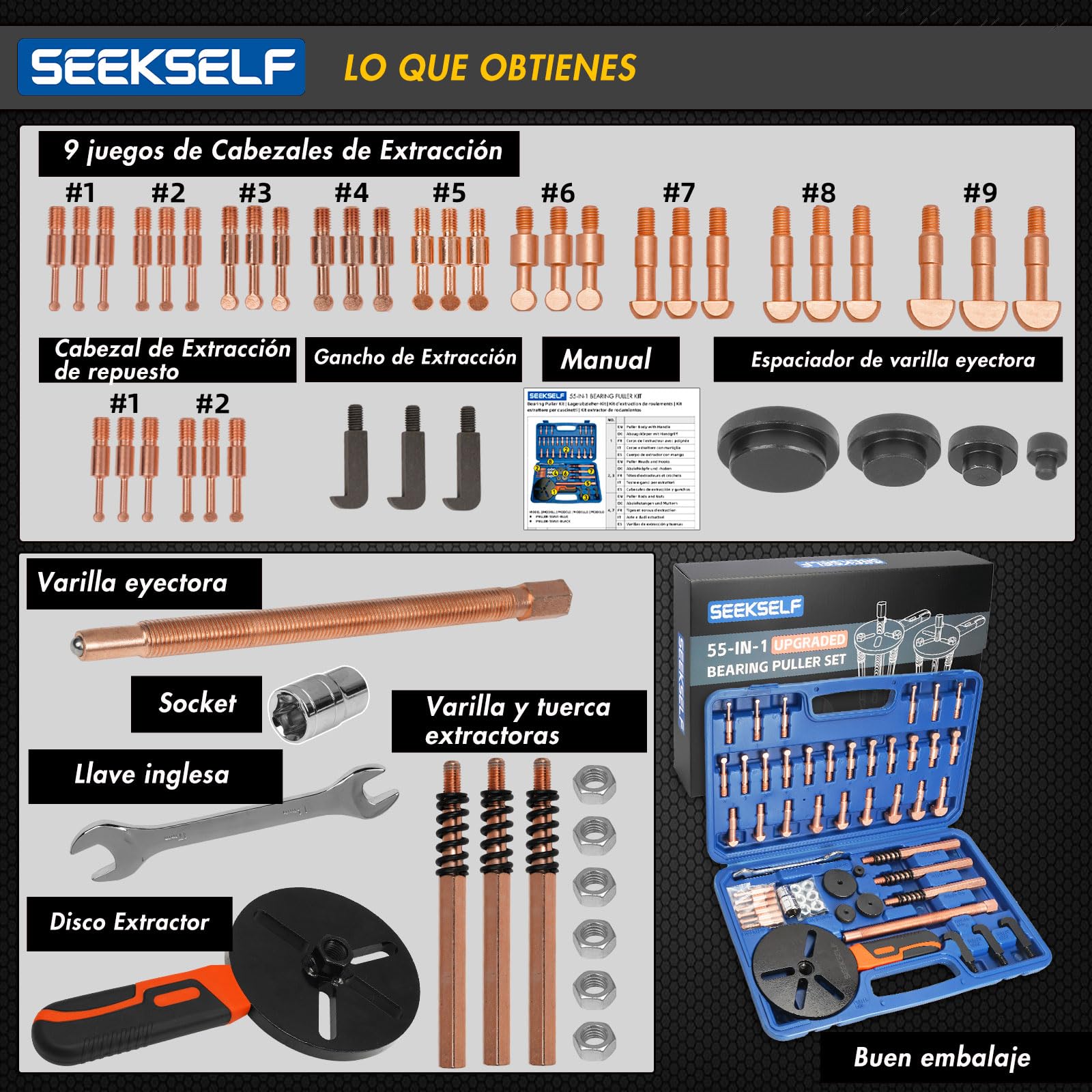 Kit de extractor de rodamientos 55 en 1, juego de extractor de rodamientos para agujeros ciegos, herramienta separadora de rodamientos internos y externos, herramienta de extracción de
