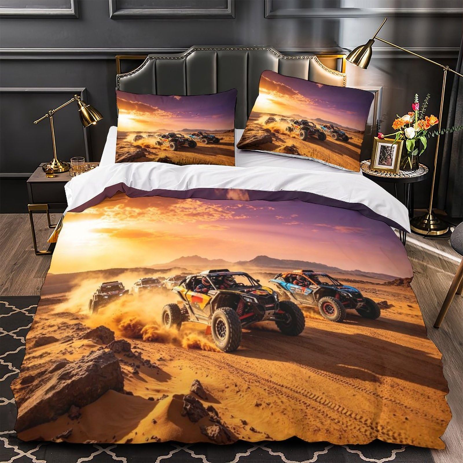 DAFUfbw Desert Rally Duvet Cover Super King（260x220cm）, Soft Microfiber Bedding Set Rally Raid Quilt Cover with Hidden Zipper Closure, 3D Rally Raid Printed Comforter