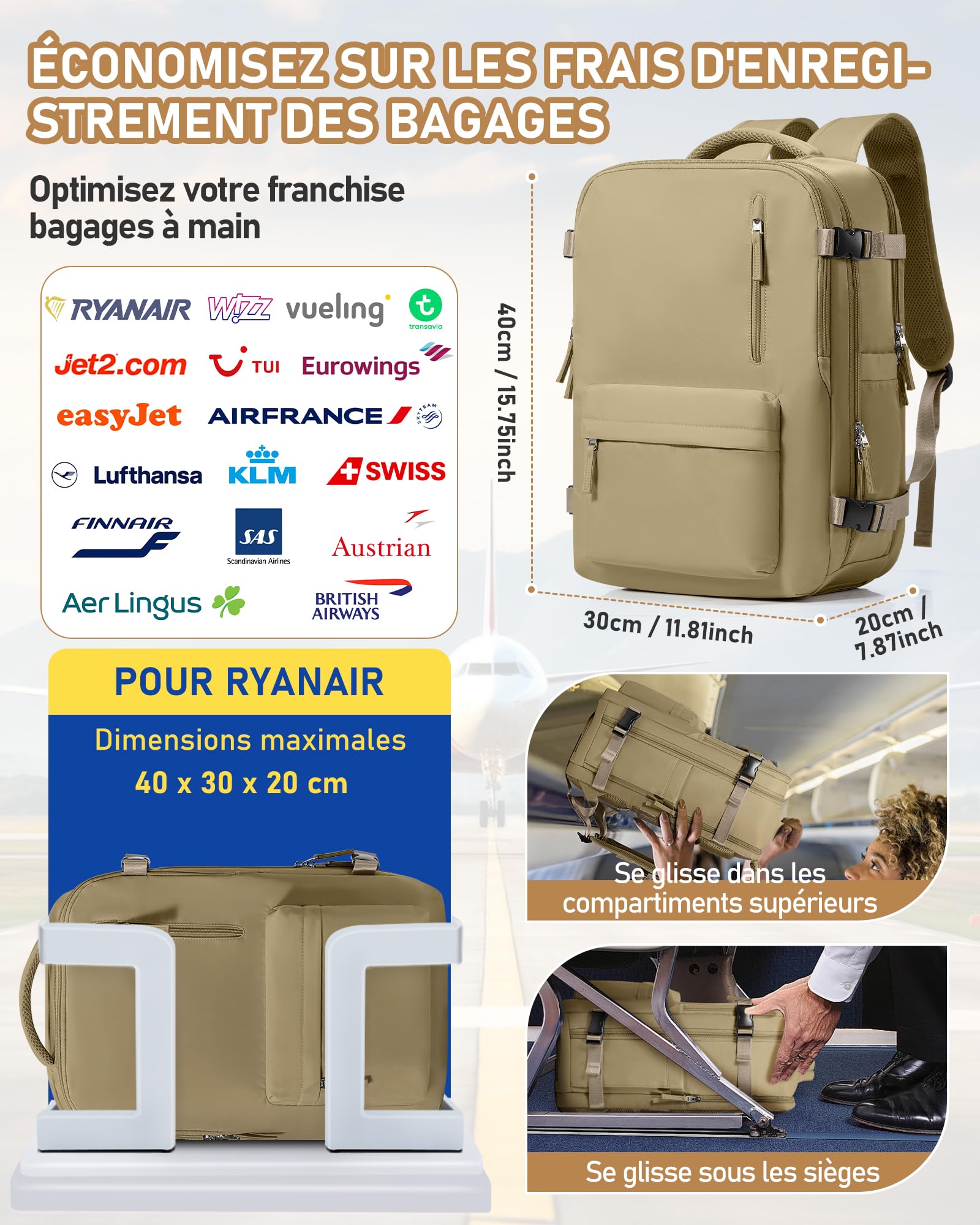 suradar Sac a Dos de Compression Voyage Sous Vide avec Pompe Intégrée Sac Cabine Avion 40x30x20 Ryanair Wizzair Eurowings Vueling Airbag Travel Sacs Sous Vide Bagage Cabine 40x30x20 Kaki