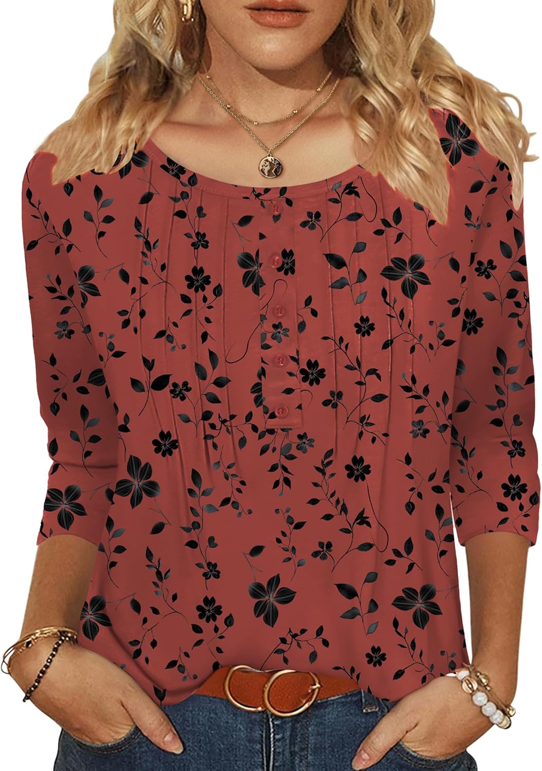 Zeagoo 3/4 Length Sleeve Womens Tops Round Neck Casual Summer Tunic Tops Basic Tees Blouses Dressy T-Shirts Pleated Shirts - Image 5