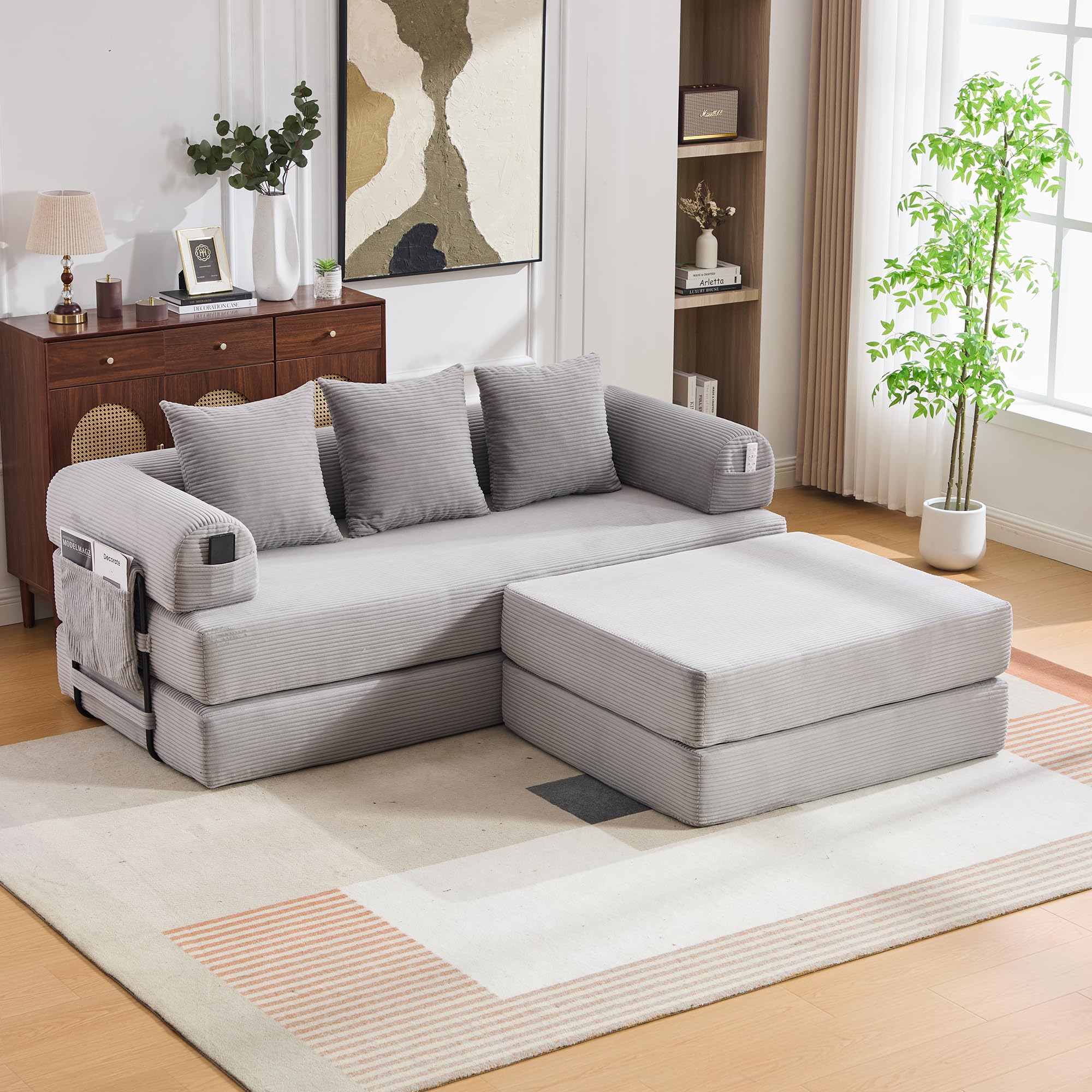 Sofá cama de compresión, 285 x 200 cm, gris claro, taburete modular