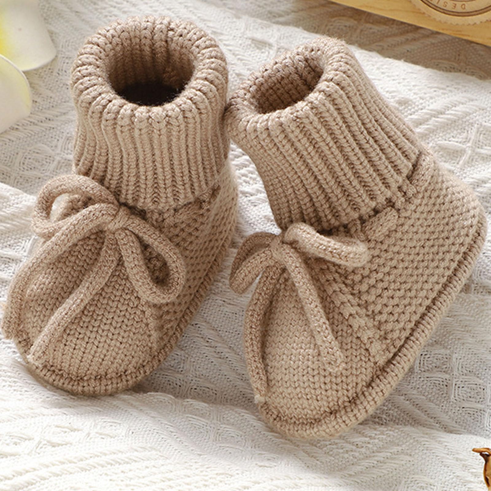 Baby Booties Newborn Soft First Walking Shoes Hand Crochet Knit Booties for Toddler Infant Boy Girl 2 Pairs (Camel & White, Infant, 3 Months, Age Range, US Footwear Size System, 6 Months, Medium)