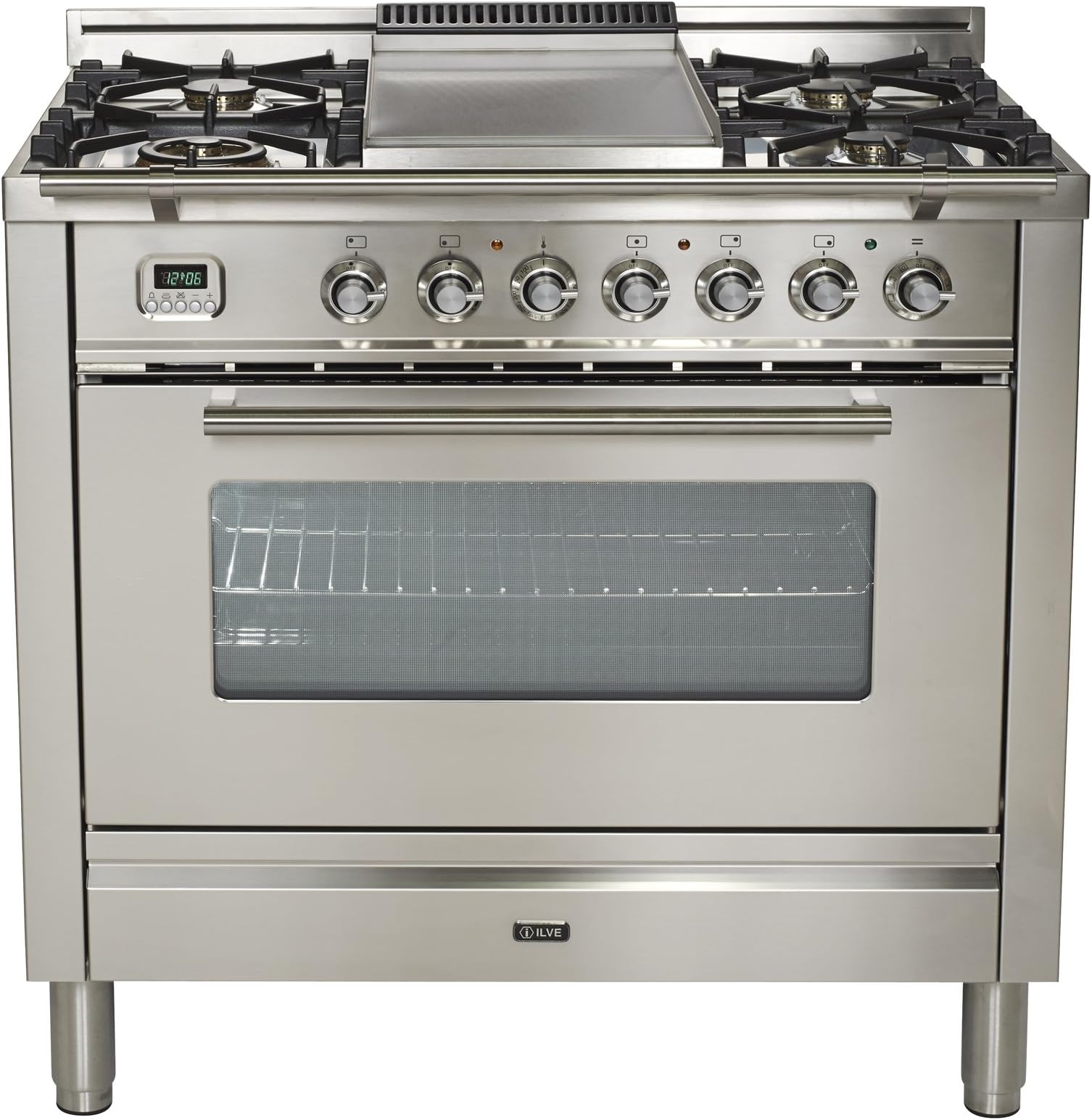 Ilve UPW90FDMPI Pro Series 36 inch. Dual Fuel Range Oven Griddle, Convection Storage Drawer Stainless Steel