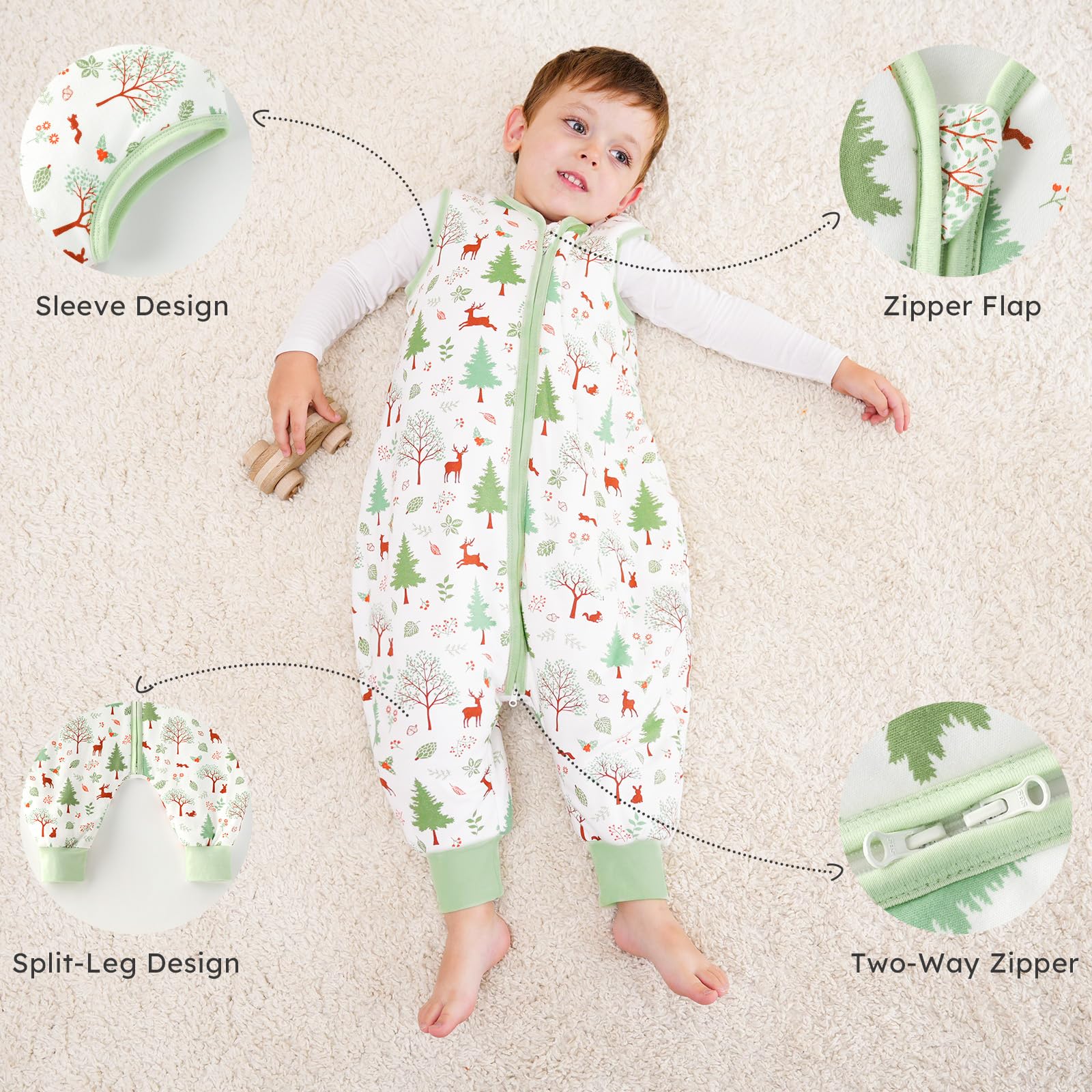 Looxii Saco de Dormir bebé con Pies 2.5 TOG Algodón Saco Dormir En otoño Todo el año para 6-18 Meses Niños Niñas 70 cm