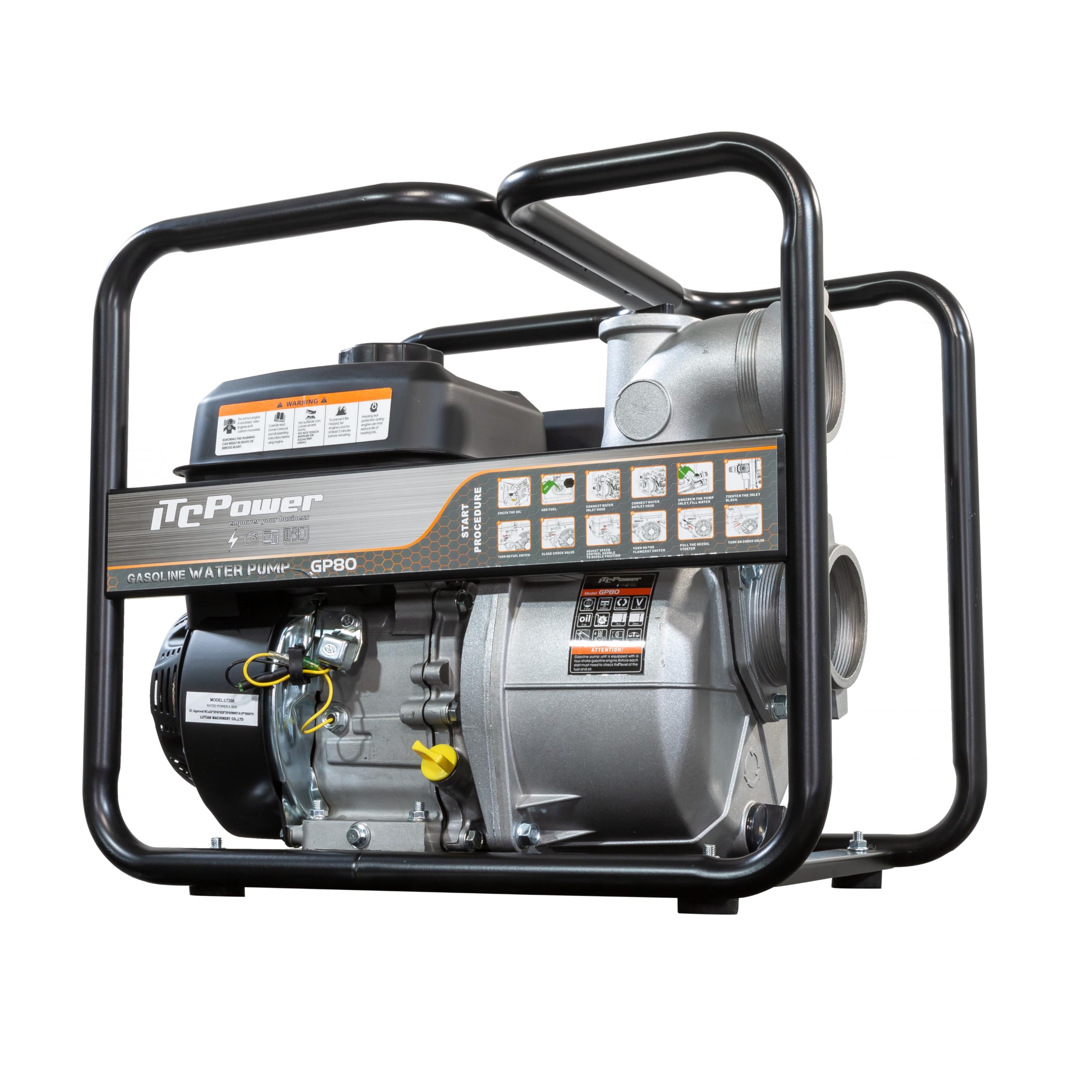 ITCPOWER Motobomba Gasolina 4780W Caudal 60 m³/h para Agua Limpia - Bomba Agua 1000 L/min con Altura 30 m - Ligera con Sello Mecánico Resistente - Cuerpo Inyección Aluminio y Paso 9 mm