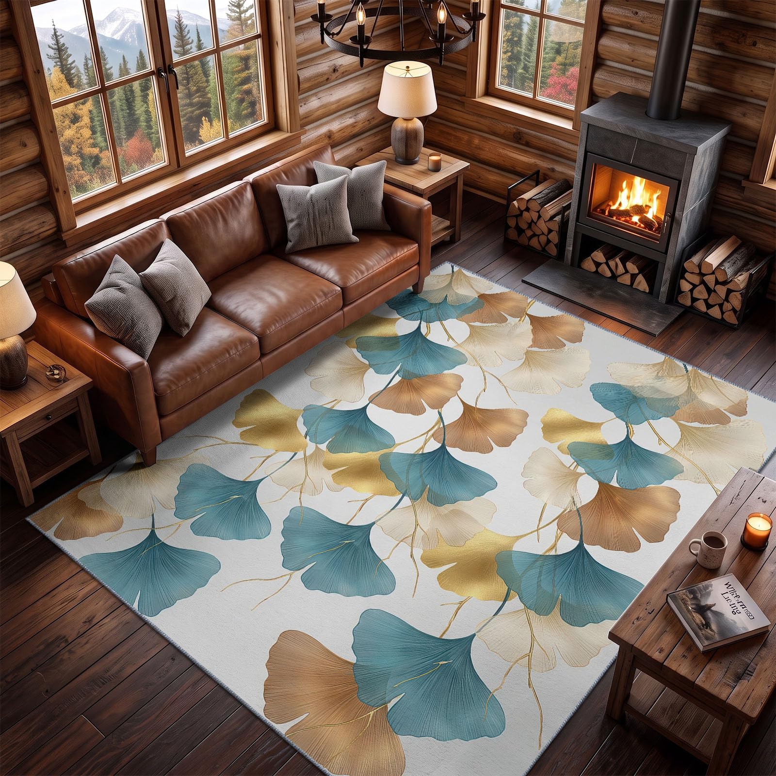 Lavure D'Encre Tapis de Salon Lavable en Machine 80 x 150 cm, Tapise antidérapant, Tapis de Chambre Style Illustration Végétale Feuilles De Ginkgo pour Le Salon, la Chambre et la Cuisine, Blanc