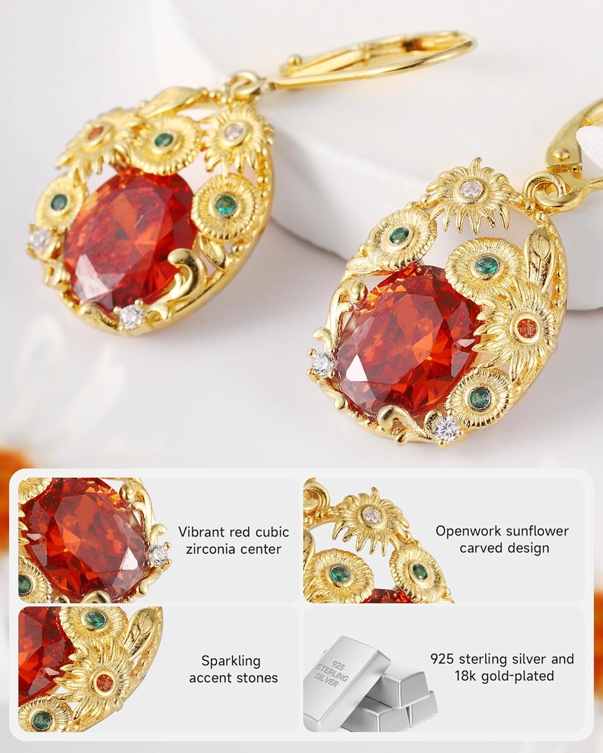 Sunflower Gifts for Women Earrings Jewelry - 18K Gold Plated Sterling Silver Dangle Earrings with Red Cubic Zirconia | Luxury Gifts for Women for Birthday, Christmas & Women's Day