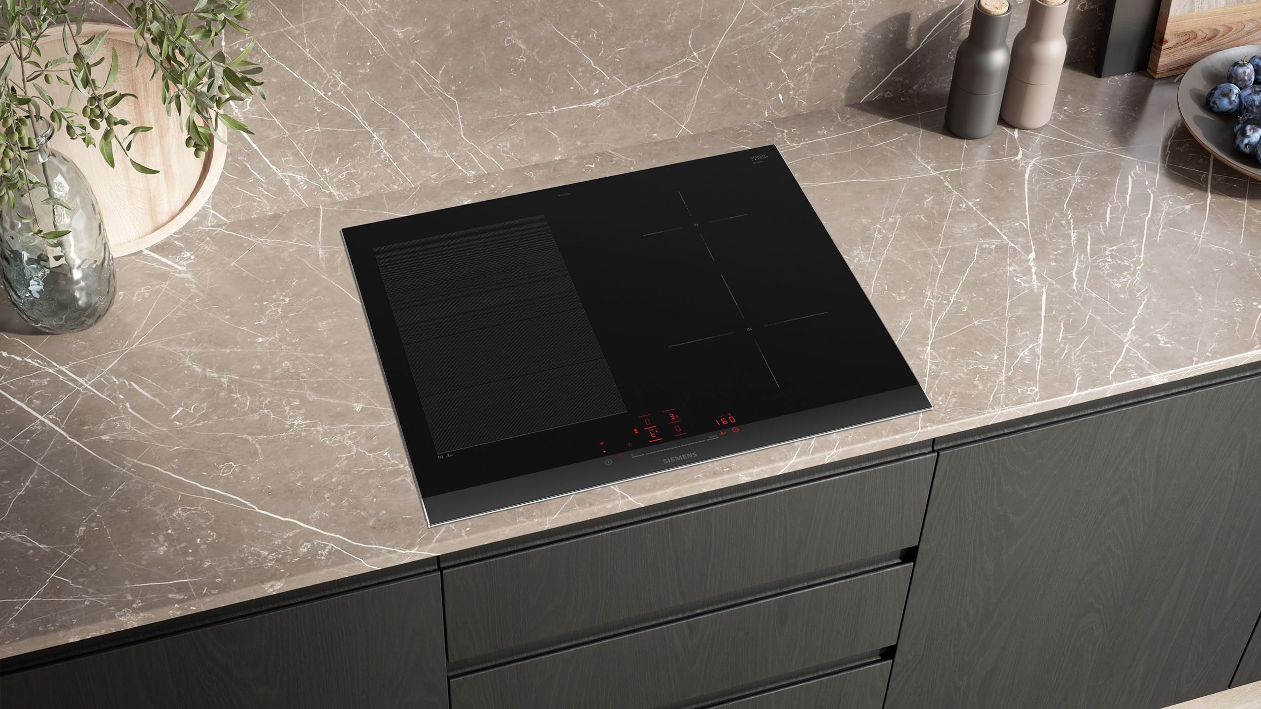 Siemens EX675HEC1E iQ700 Plaque de cuisson à induction intelligente, 60 cm, noir, avec cadre, varioInduction, TouchSlider, capteur de rôtissage Pro – Friture sans risque de brûlure