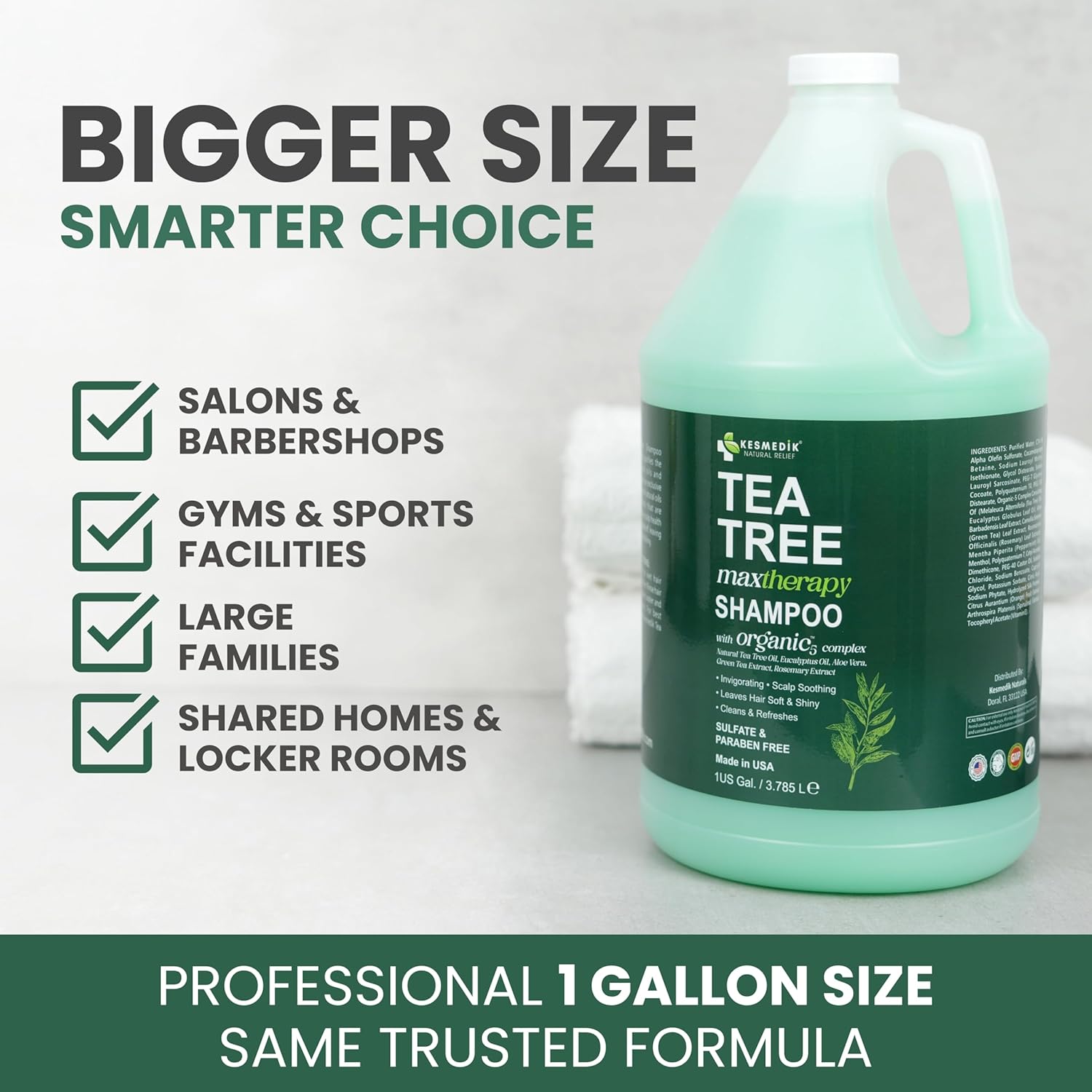 Tea Tree Shampoo Refill, 128 fl oz (1 Gallon), Refreshing Clarifying Deep Clean for Buildup, Dandruff & Flakes, Sulfate-Free, All Hair Types, Professional Salon, Gym & Hotel Supplies