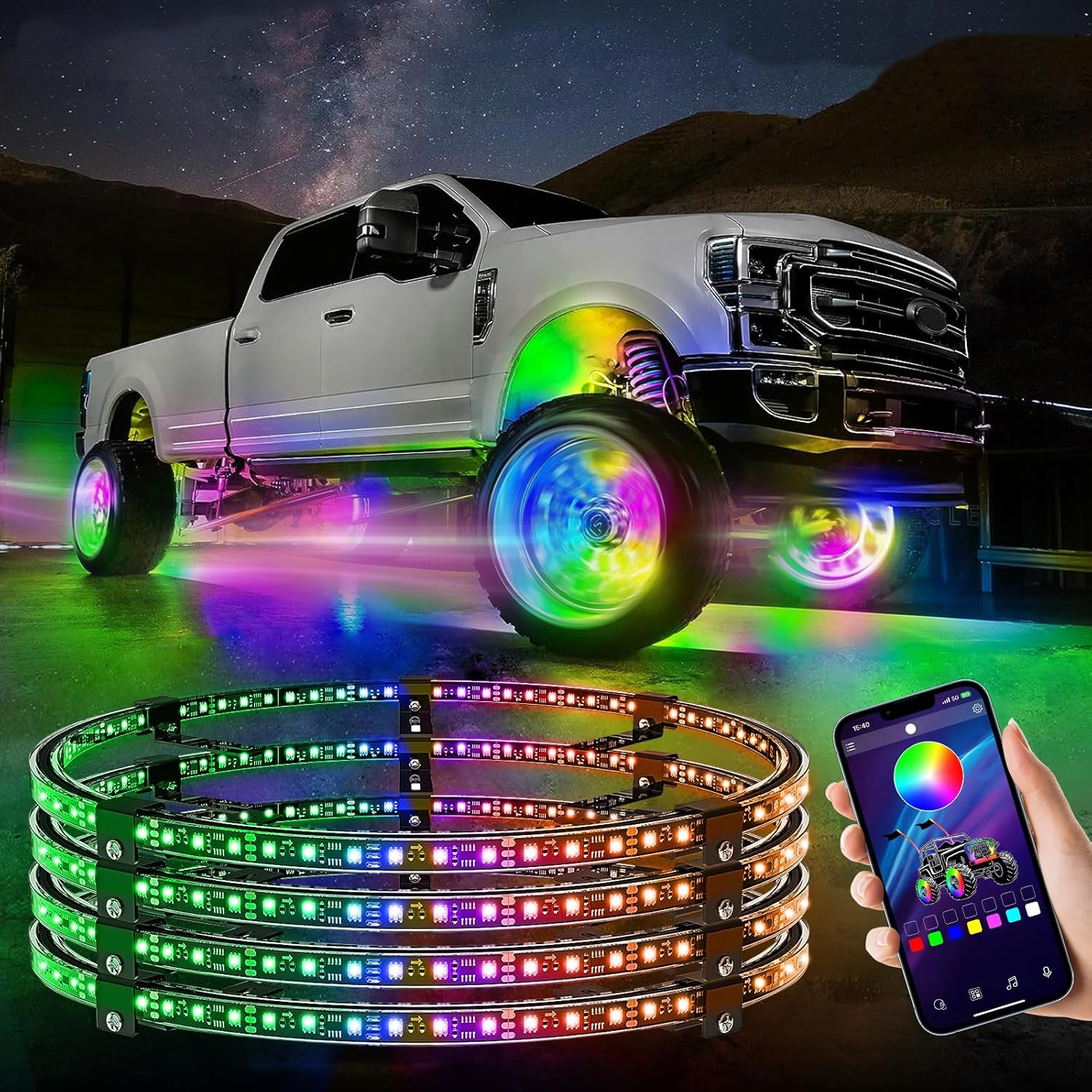 17" Single Row LED Wheel Ring Lights with App Control for Ford F-150 Tacoma RAV4, Multi-Color Dream Chasing Flow & 92 Dynamic Modes, Fits 21-28" Wheels, IP67 Waterproof, Brake/Turn Signal