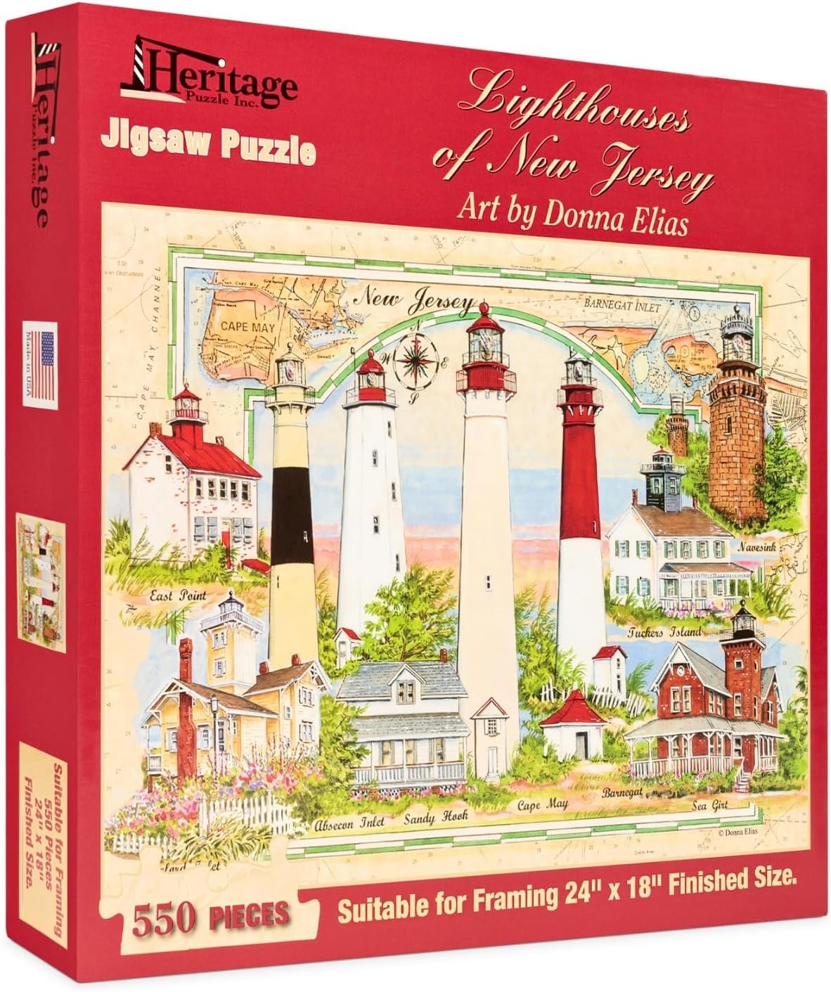 Heritage Puzzle - Lighthouses of New Jersey by Donna Elias 550 Piece Puzzles for Adults - Scenic Coastal Lighthouse Collage Art - Frameable Jigsaw Puzzle 18" x 24" Finished Size