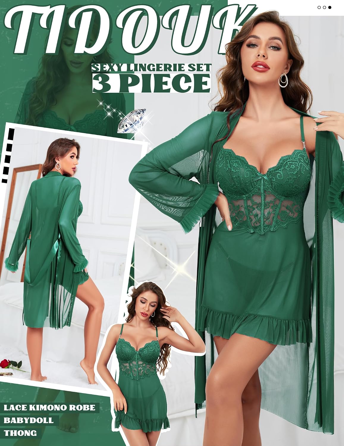 Women Sexy Lingerie Set, 3 Piece Babydoll with Mesh Kimono Robe & Lace Panty, Lace Trim Teddy Chemise Nightwear