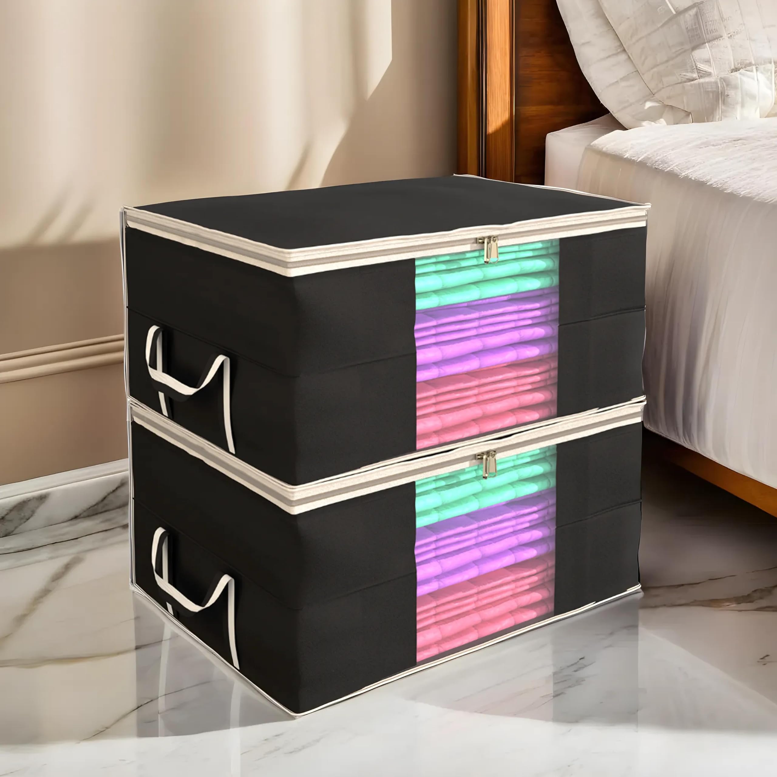 Kuber Industries Rectangular Non-Woven Underbed Storage Bag Set, Extra Large, Pack of 2 (Black)