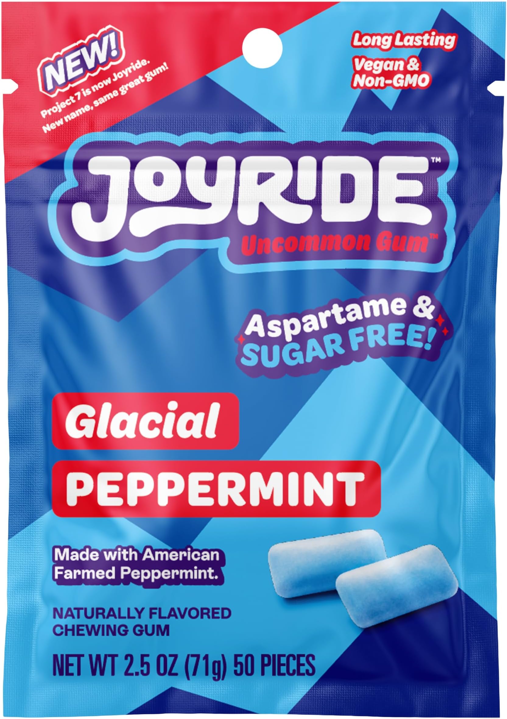PROJECT 7 Joyride Gum - 1 Pack - Glacial Peppermint - Aspartame & Sugar Free, Low Carb, Vegan, Healthy Chewing Gum - 50 Count (1 Pack)