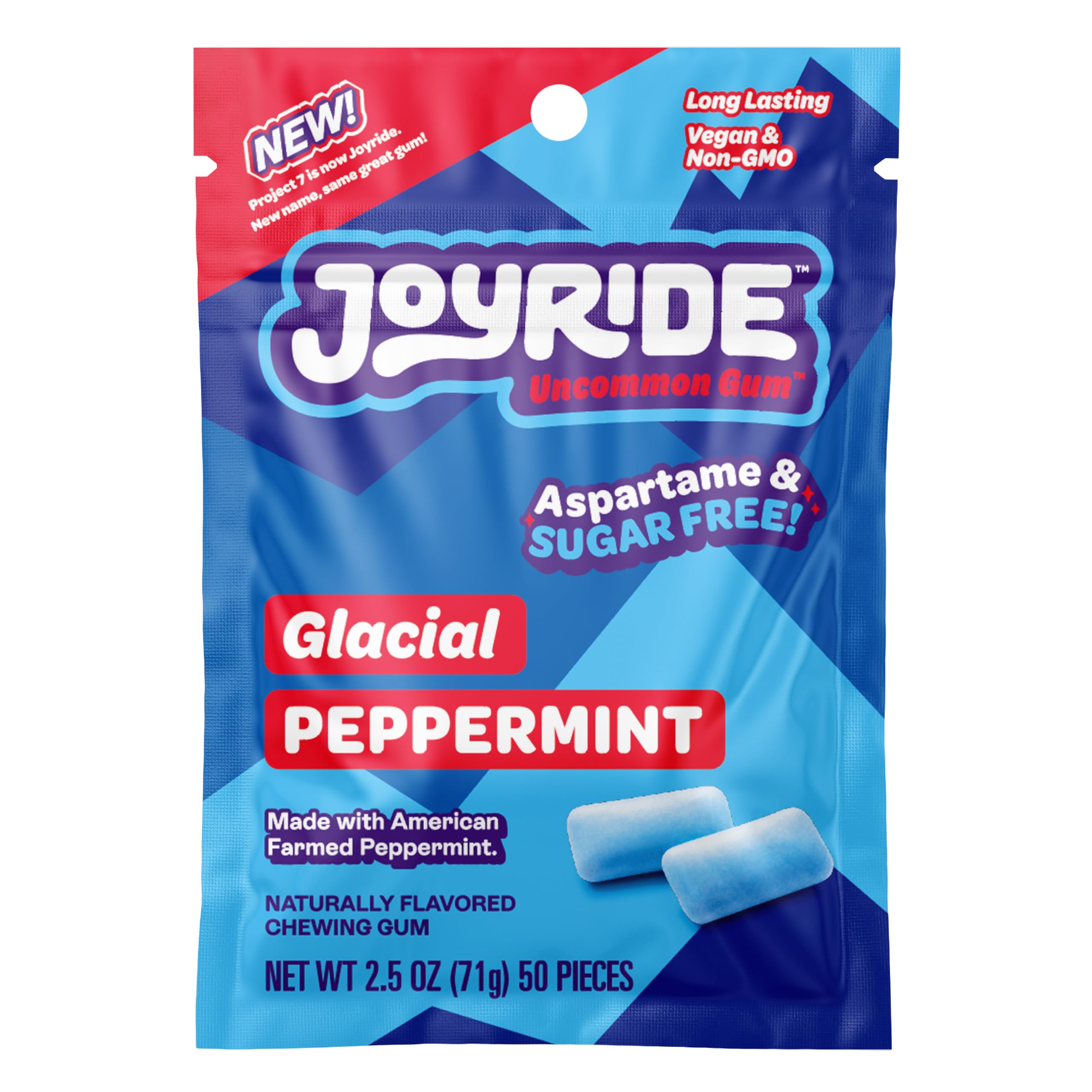 Joyride Gum - Glacial Peppermint, Aspartame & Sugar Free, Low Carb, Vegan, Healthy Chewing Gum, 1 Pack of 50 Pieces (50 Pieces Total)