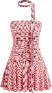 Summer Mini Dress for Women Gingham Ruched Ruffle Tube Dress with Scarf Bandeau Dress Cute Vacation Outfits - Buy now