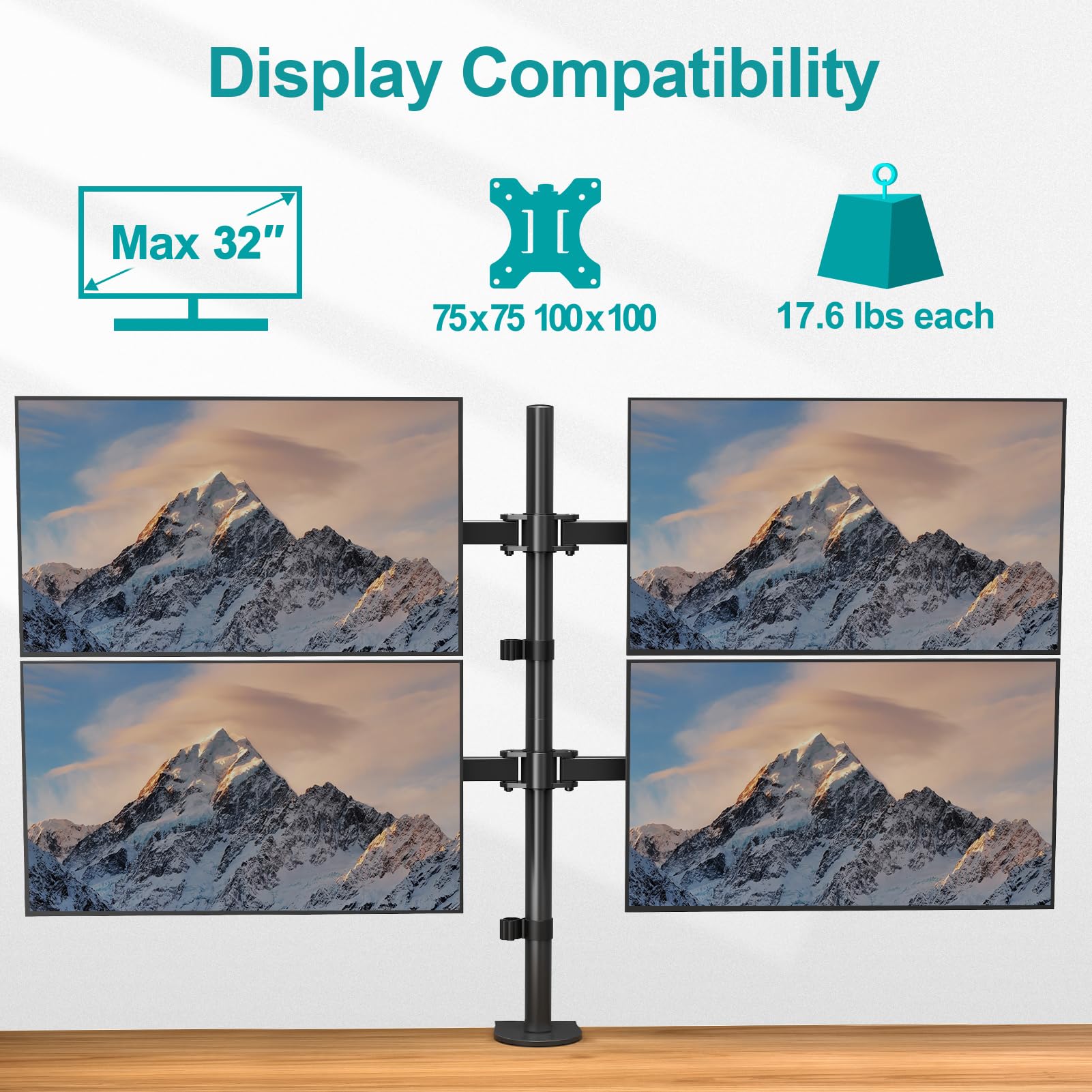 Soporte para monitor cuádruple, soporte para 4 monitores para pantallas de computadora de 13 a 32 pulgadas, soporta hasta 17.6 libras cada una, 4 brazos de escritorio apilados totalmente 4