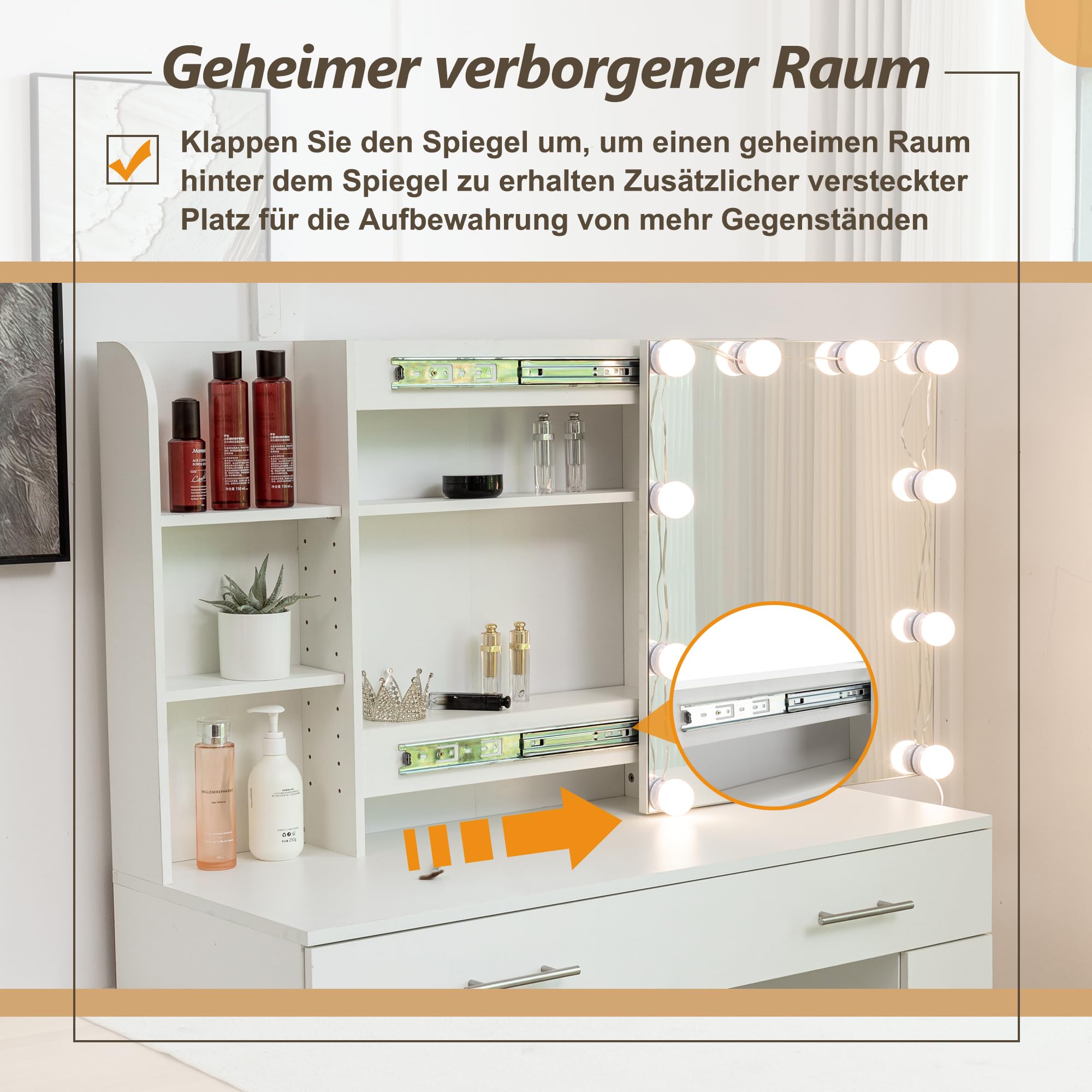 Thanaddo Schminktisch mit Schiebespiegel, 5 Schubladen, offenen Regalen, Hocker, Modern Kosmetiktisch, Frisiertisch, Weiß