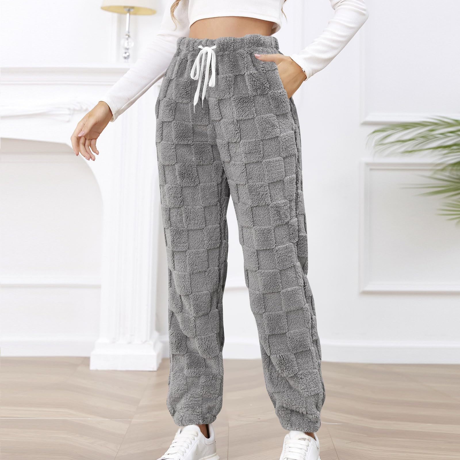 2024 Womens Fleece Pants Winter Warm Fuzzy Sherpa Trousers Plush Teddy Sweatpants High Waist Joggers Pockets Loungewear Gray