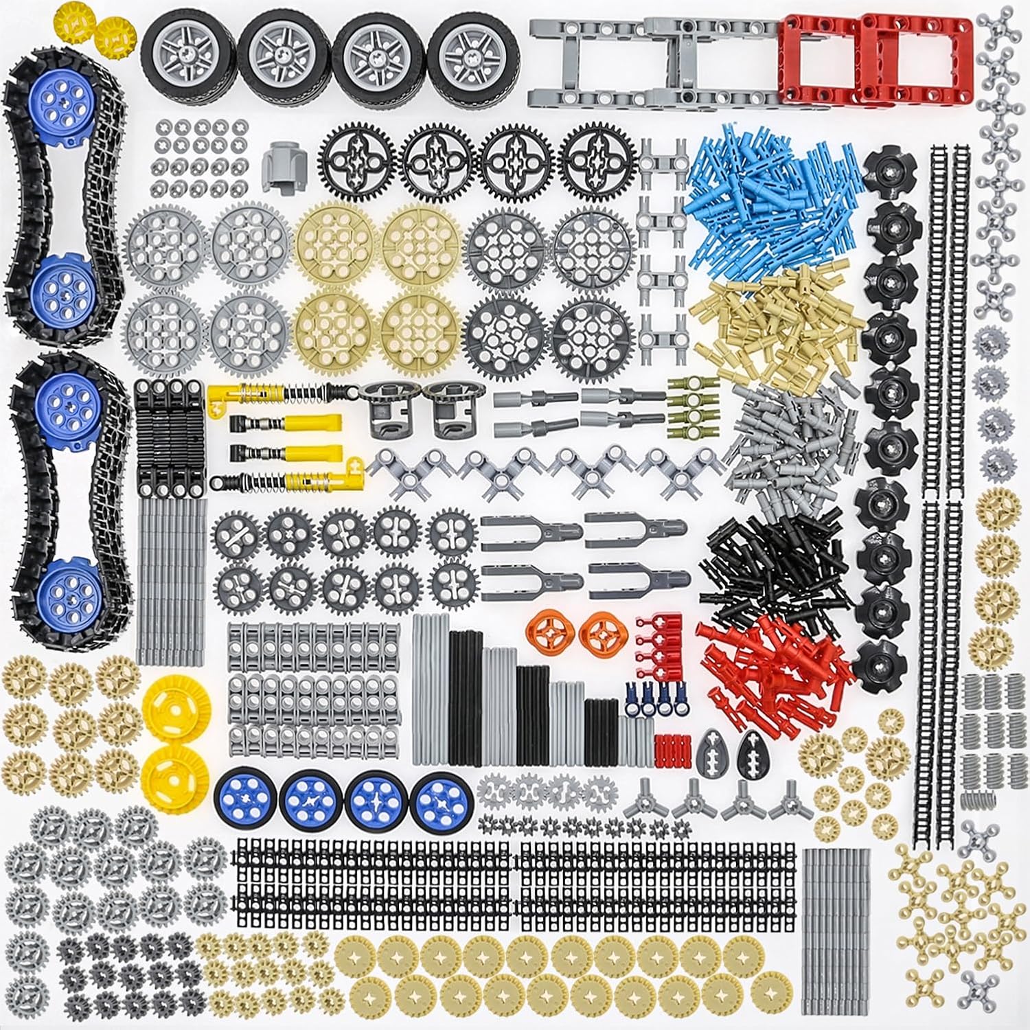 852pcs Technic-Parts Gears-MOC-Axles-Sets Connectors-Wheels-Pins-Beams Universal-Joints-Chain-Tracks-Tires-Shock-Absorbers Compatible with Major Brand Building Block Cars and Motors