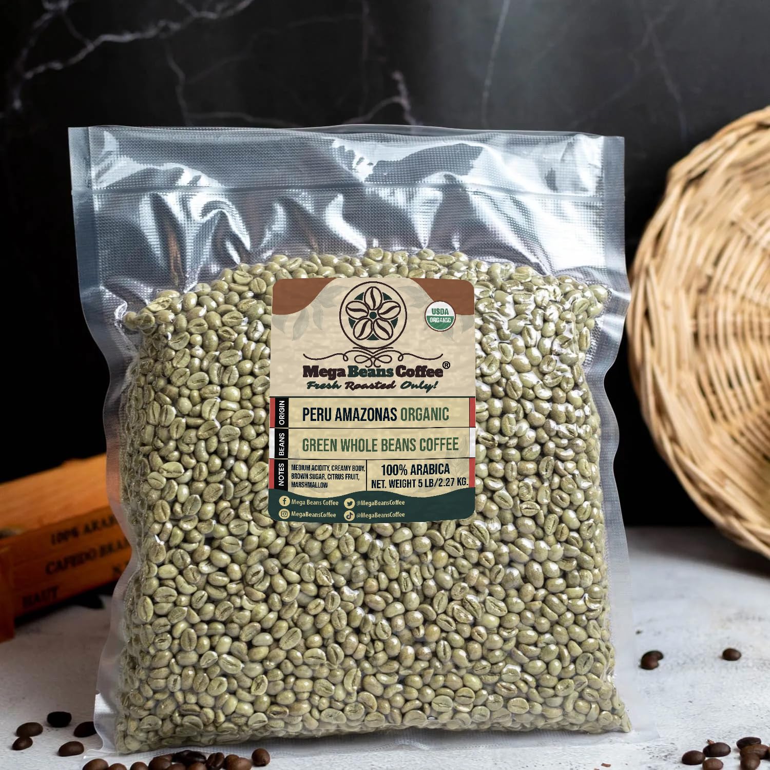 Unroasted Green Coffee Beans, Mega Beans Coffee, Specialty Grade Green Coffee Beans. (5 LB, Peru Organic 5 Lb)