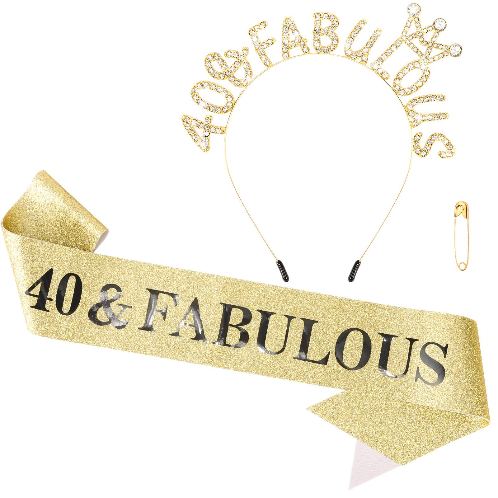 Canitor 40th Birthday Decorations for Women Set Gold 40th Birthday Crown Tiara and Sash with Pin for Her Happy Birthday Gifts Party Supplies and