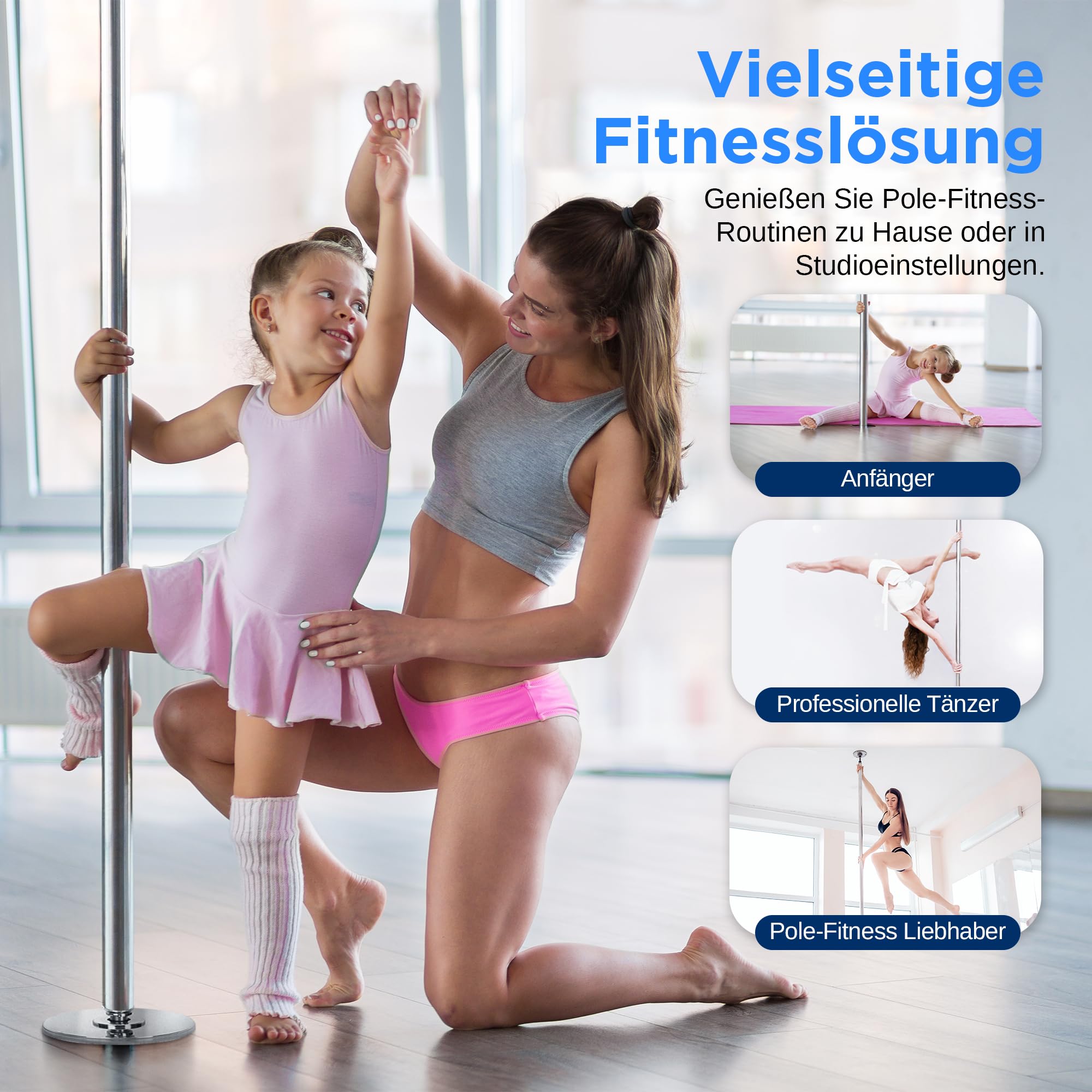 SereneLife Pole Dance Stange Indoor – Höhenverstellbar, Statisch & Rotierend, 204–274cm Turnstange Indoor für Zuhause – Robuster Stahl, Kein Bohren – Fitness Poledance Tanztraining – 280kg Traglast