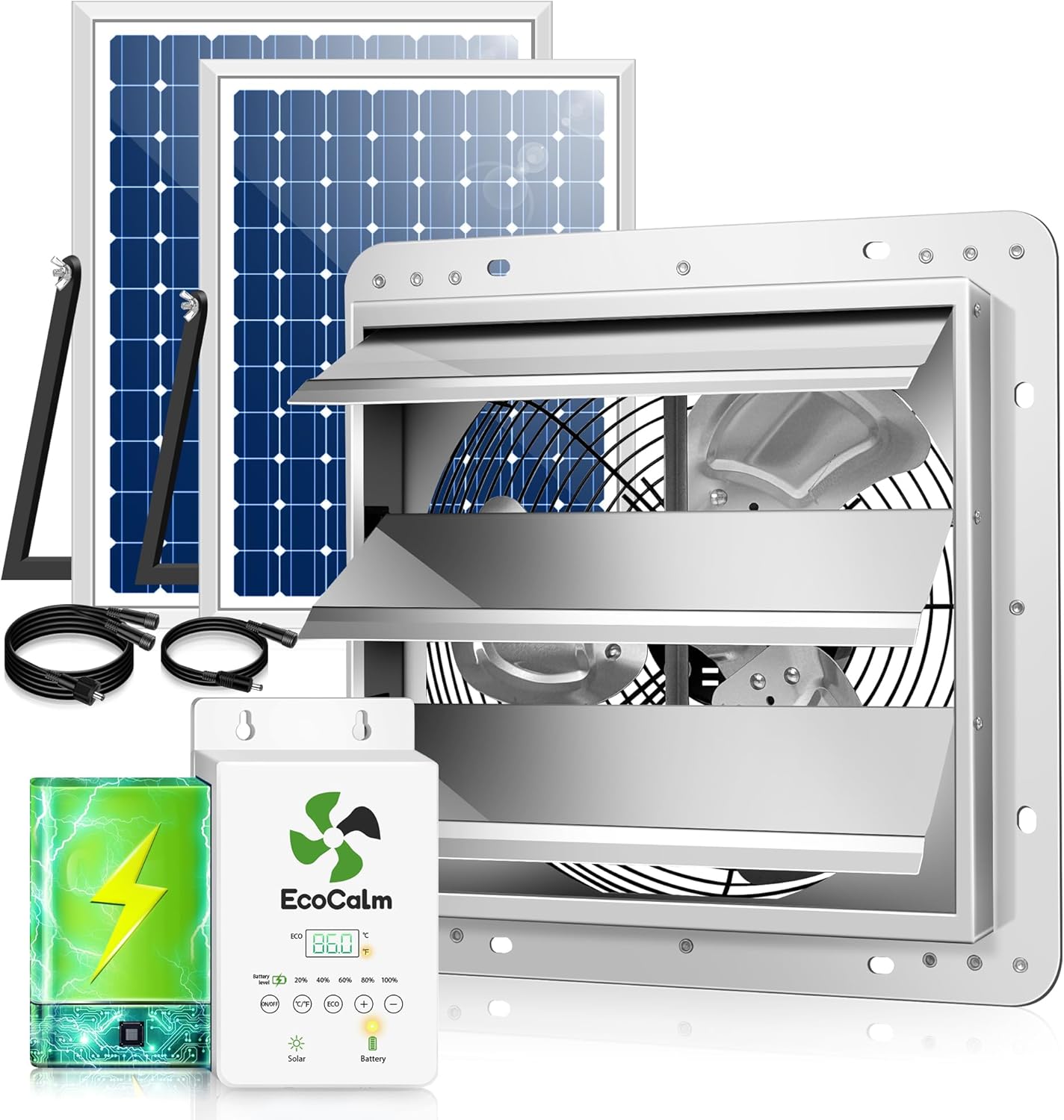 Photo 1 of  12" Solar Exhaust Fan for Greenhouse with Battery and Adjustable Thermostat, Attic Fans for Garage and Shed with 2PCS 30W Bifacial Solar Panels 