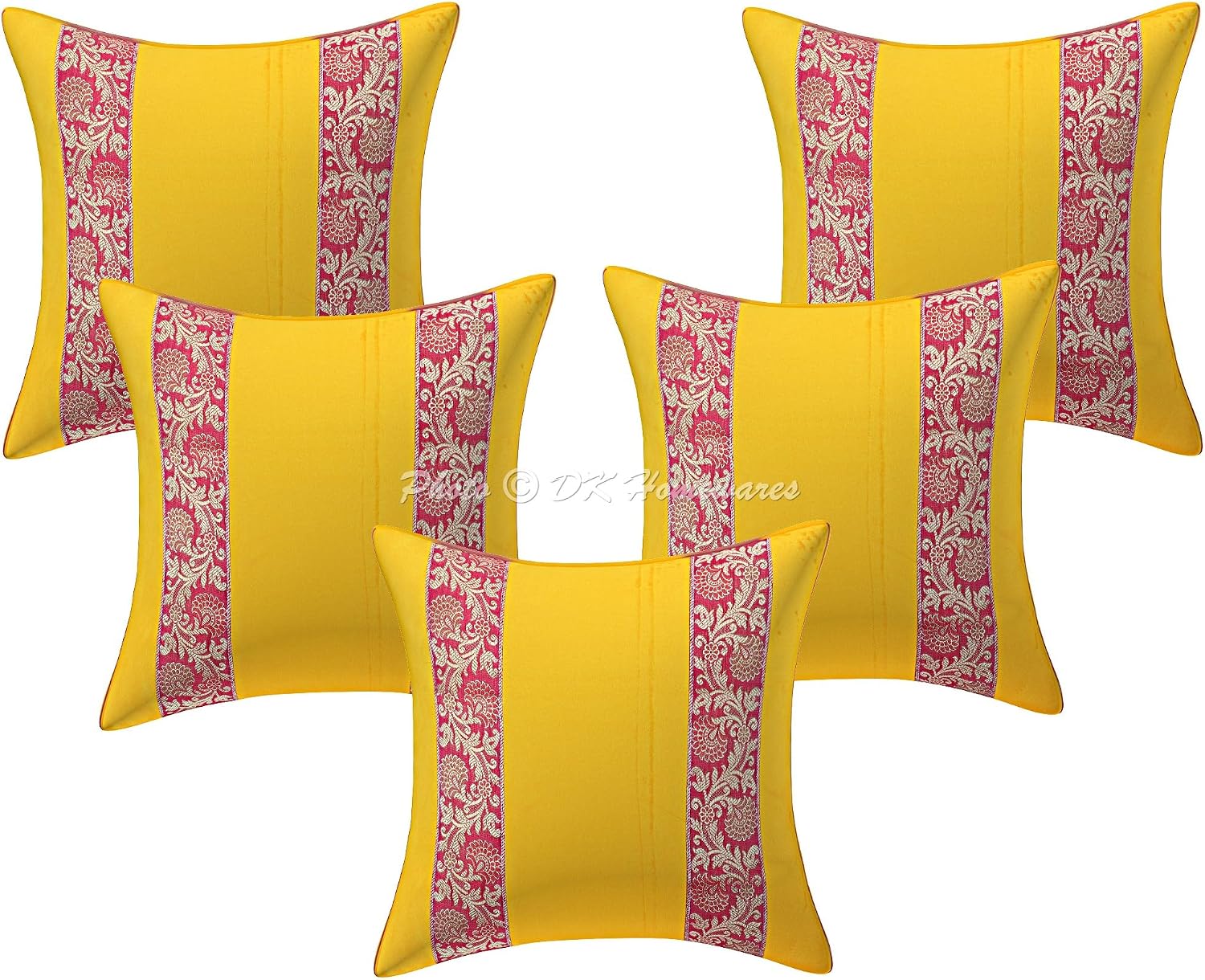 Indian Throw Pillow Covers 16 Inch Velvet Brocade Jacquard Ethnic Square Floral Cushion Covers (Size - 40x40 cm ; Color: Yellow) - Set of 5 Pcs (Cover Only)