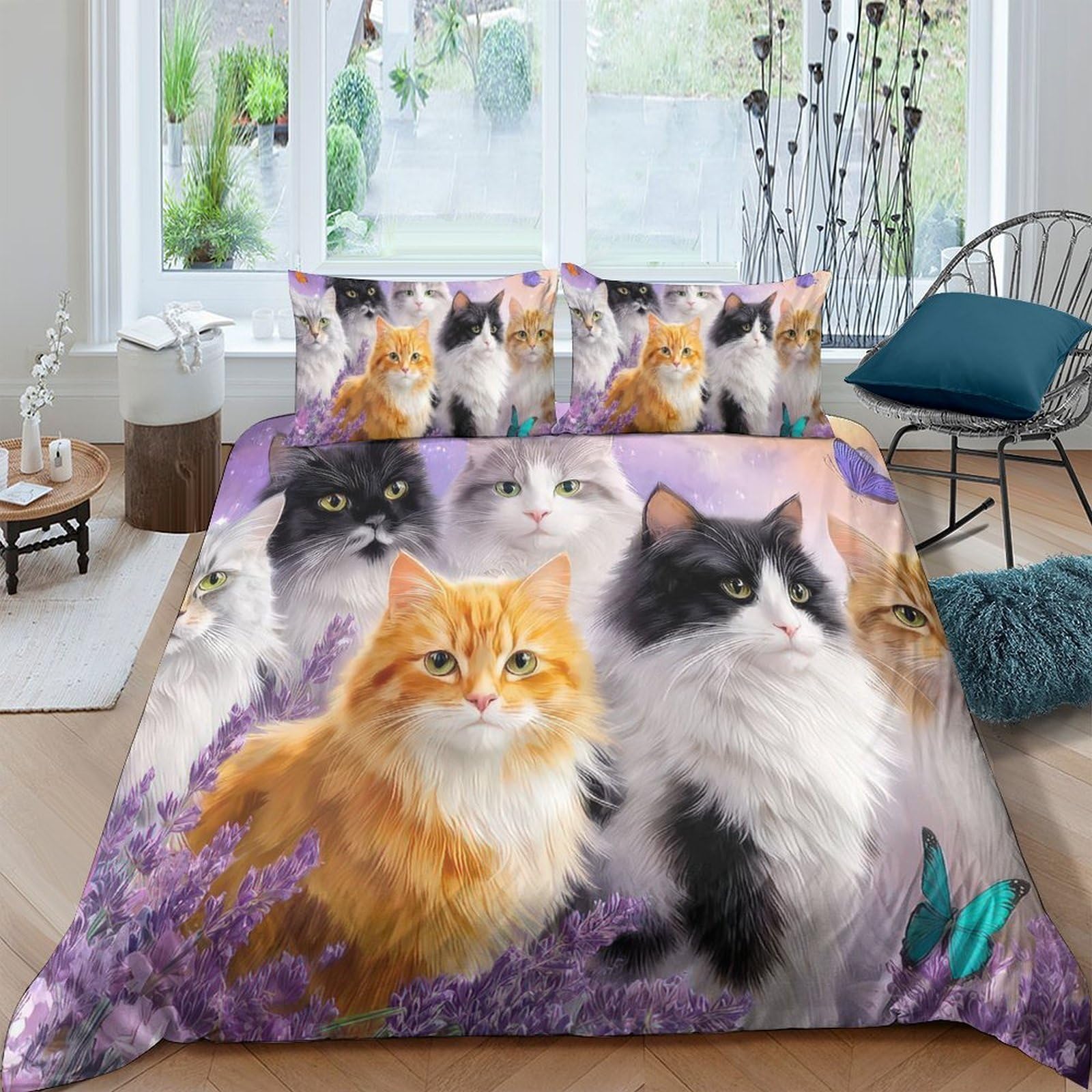 GPLZQXKJNH 3D Printed Cat Lavender Duvet Cover Microfiber Soft Breathable Kitten Bedding Set with 2 Pillowcases for Bedroom Single（135x200cm）