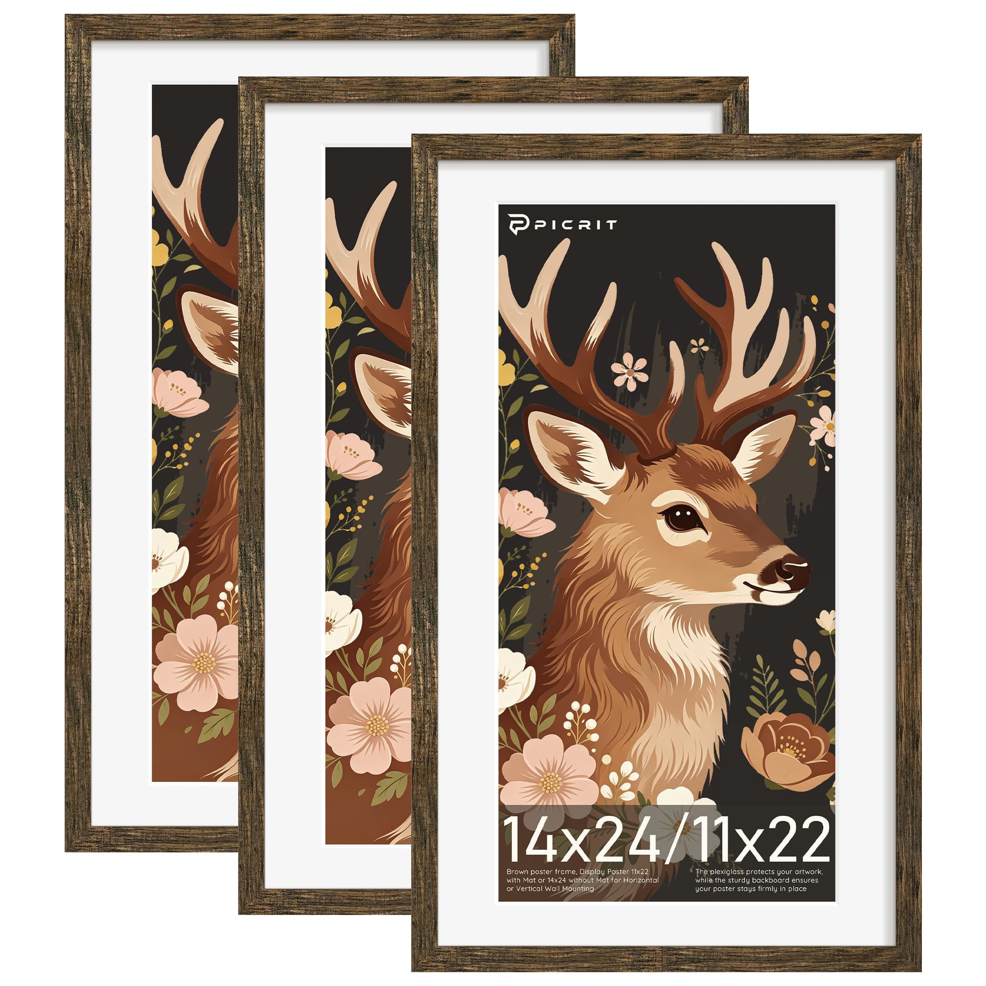 Picrit 14x24 Rustic Brown Picture Frame, Poster Frame for Wall, 3 Pack