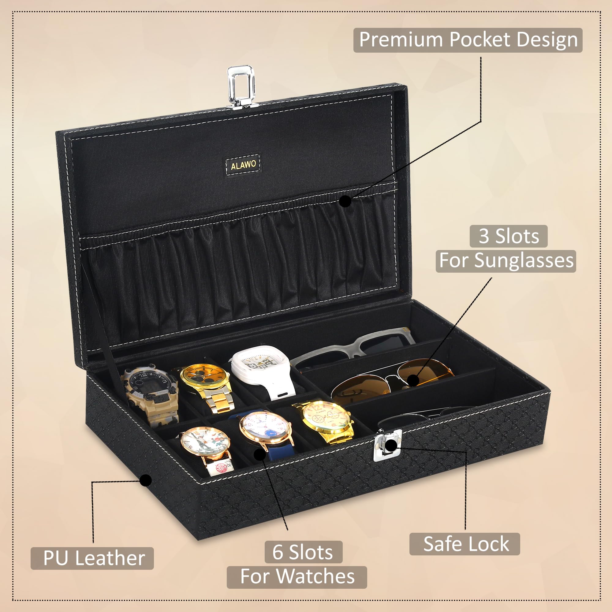 ALAWO Watch Box Organizer and Sunglasses Case with 6 Slots for Watches and 3 Slots for Sunglasses in Black & Cherry Color 1