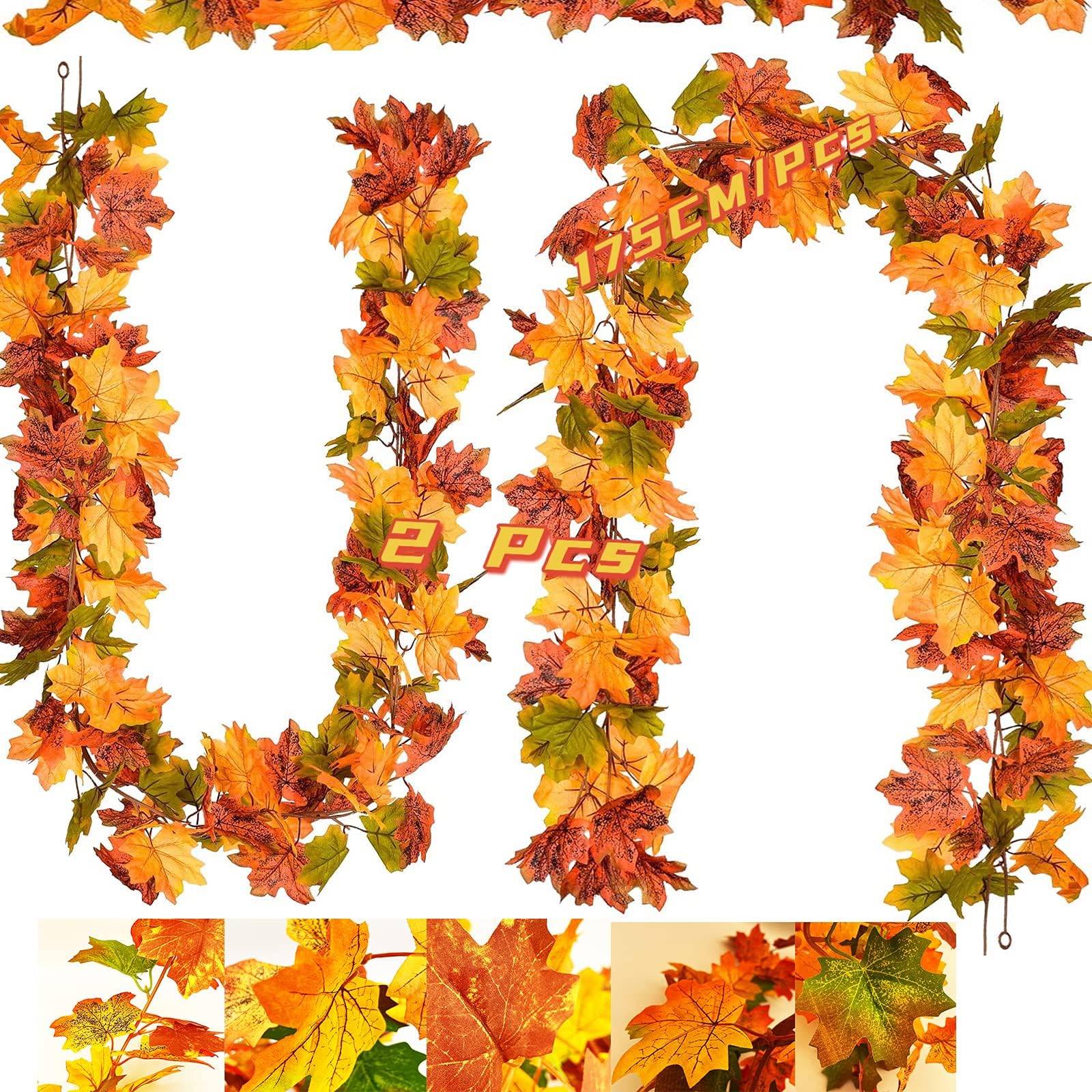 KINMRISPack of 2 Artificial Maple Leaf Garland, 175 cm / Autumn Hanging Maple Leaf Vine for Indoor Outdoor Wedding Thanksgiving Dinner Party Fireplace Christmas Decoration