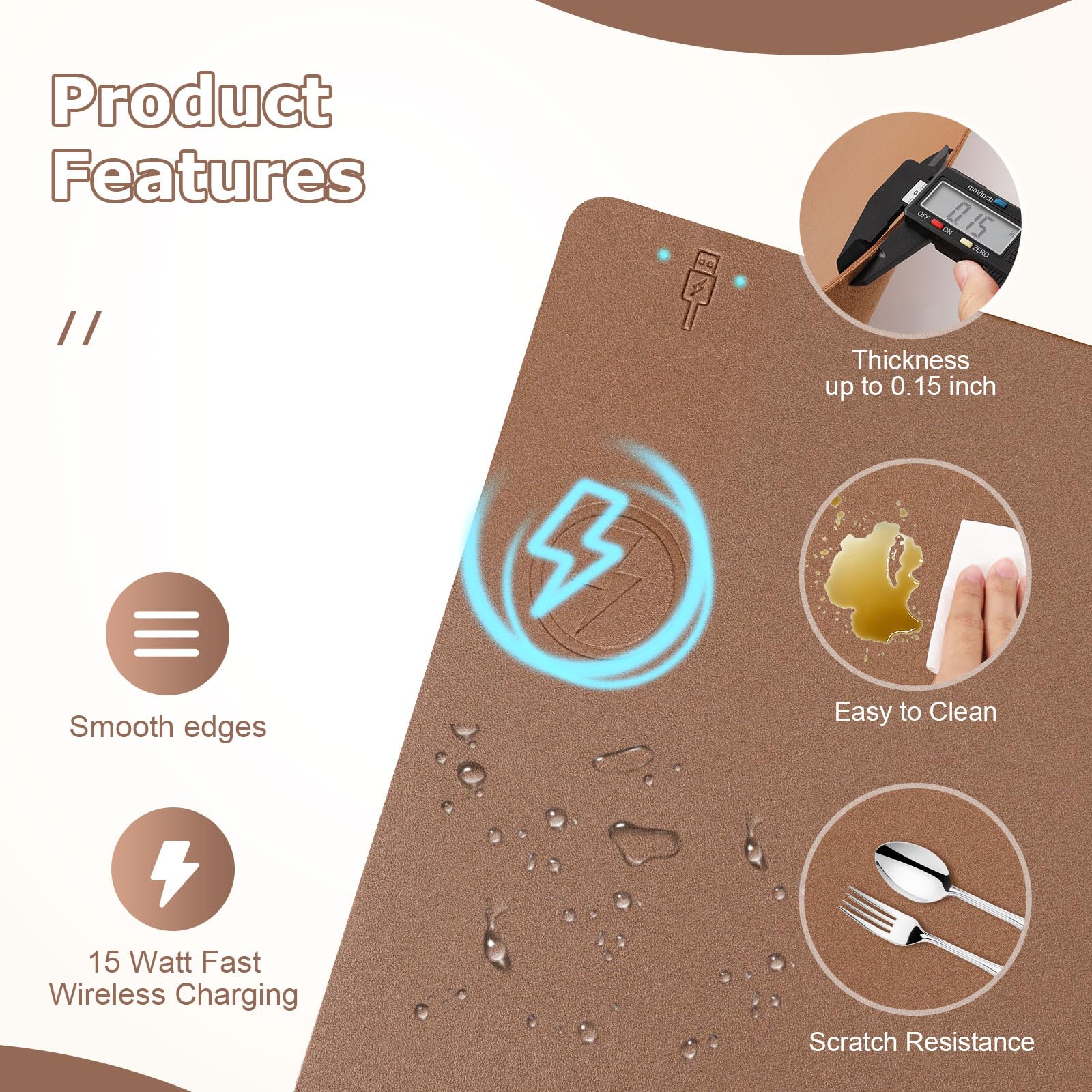 Tappetino per mouse con ricarica wireless 2 in 1, multifunzione, in pelle, con base in gomma antiscivolo, tappetino da scrivania impermeabile per computer, ufficio, lavoro, casa, decorazione