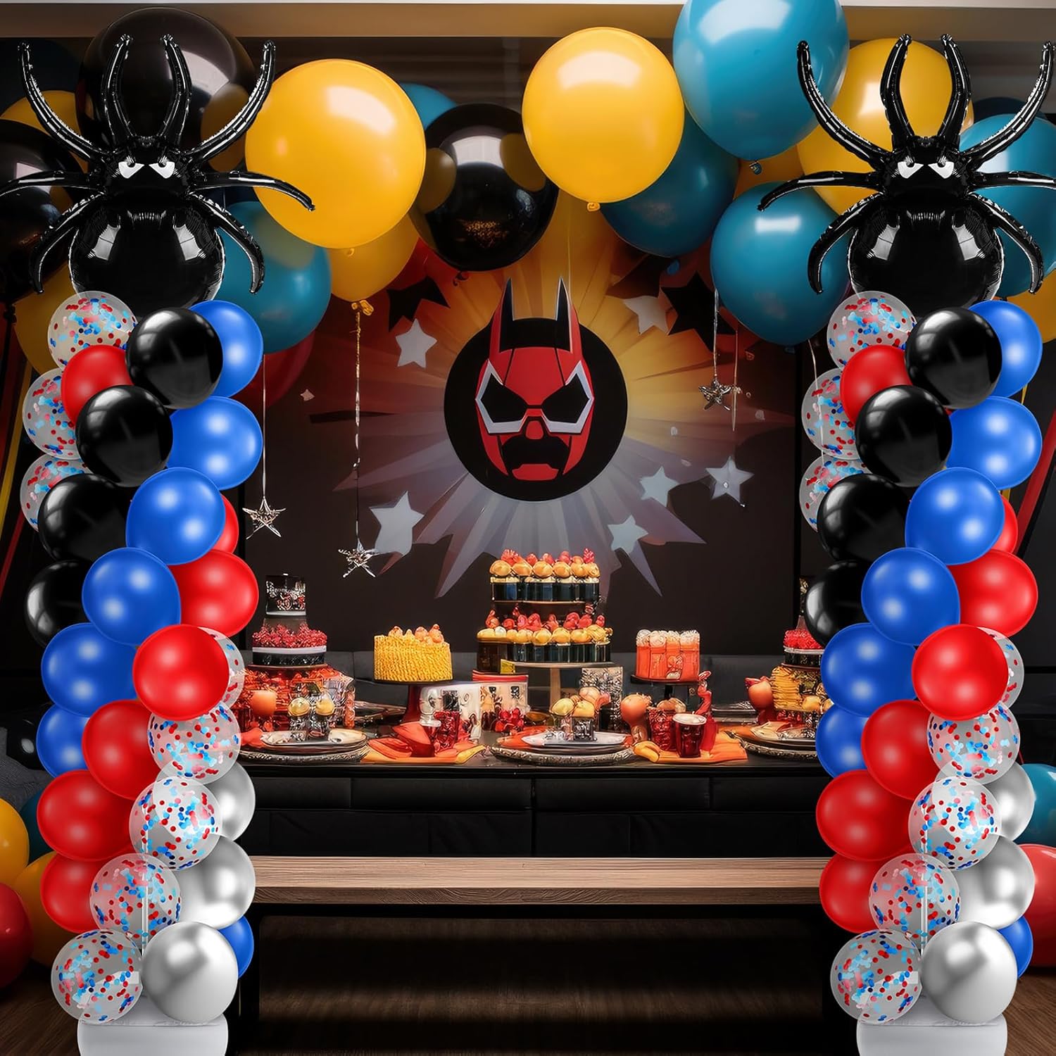 Kasyat 2 Sets Spider Party Balloon Column Stand Kit with 2 Spider and 100 Red Blue Black Latex Balloons, Adjustable Arch Stands for Birthday Baby Shower Hero Theme Party Decorations