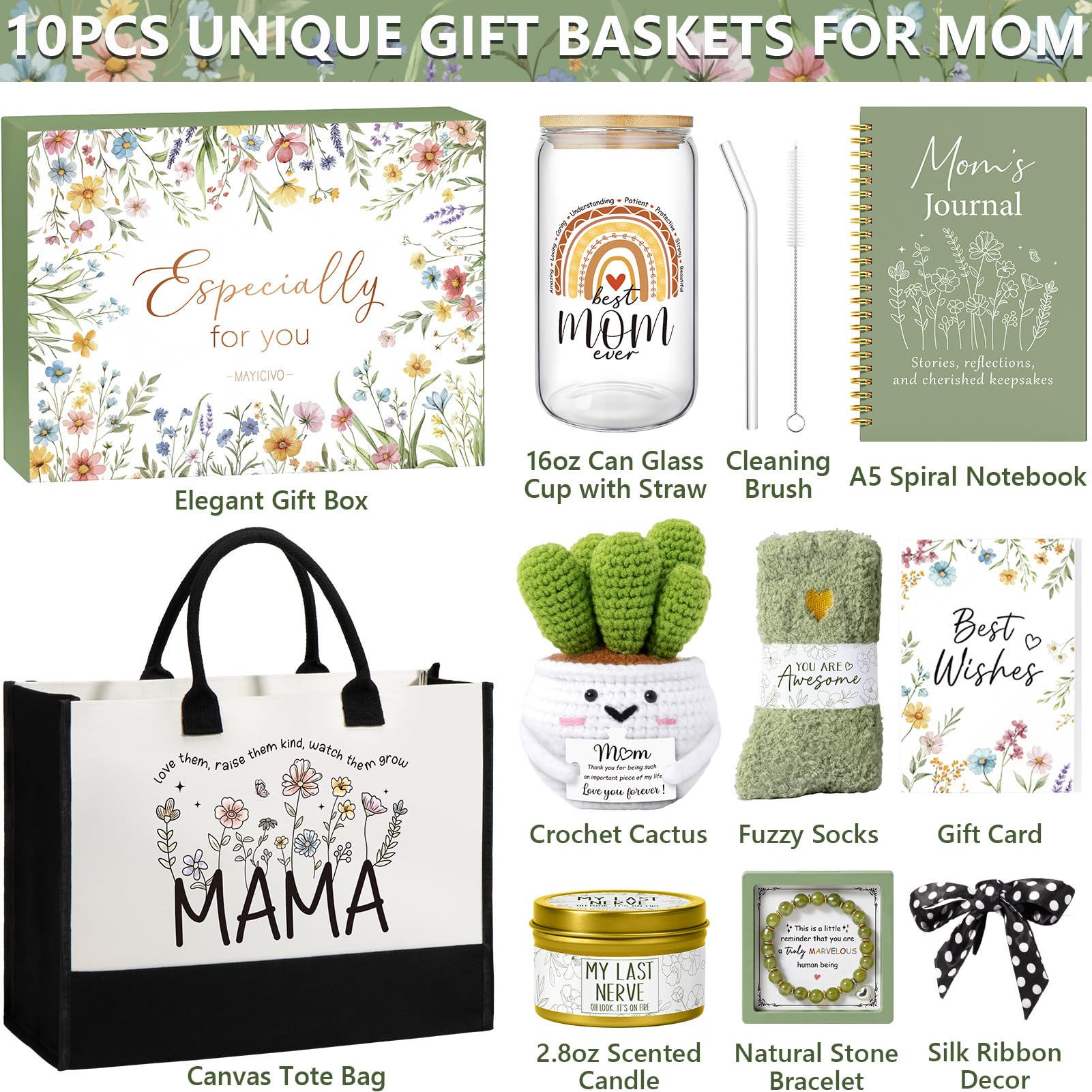 MAYICIVO Mothers Day Mom Gifts from Daughter Son, Best Mom Birthday Gifts Ideas for Moms Women Mother-in-Law Mothers Day Gift Baskets for Mother, New Mama Gift for Wife from Husband w/Canvas Tote Bag
