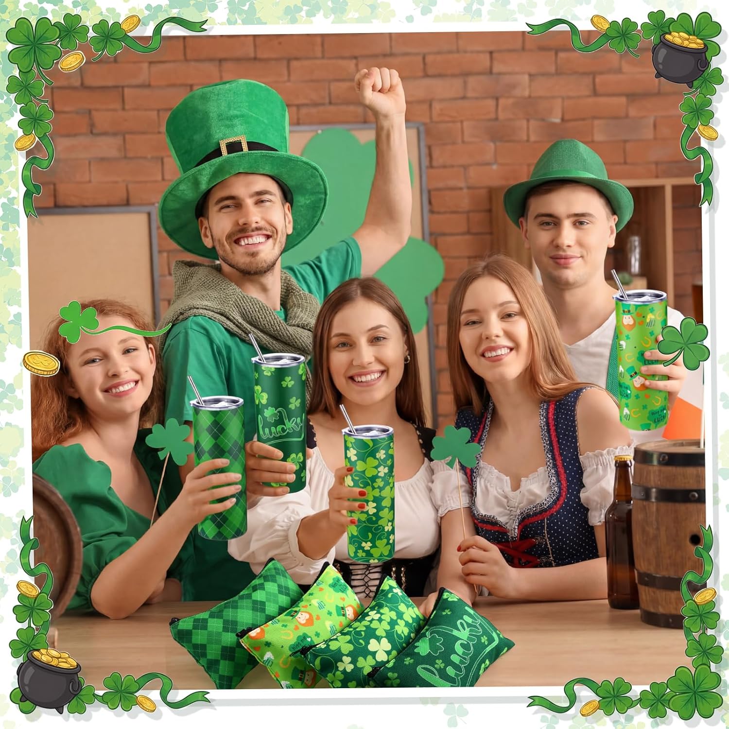 4 Pcs St. Patrick Day Tumbler with Lid and Straw and 4 Pcs Cosmetic Makeup Bags, 20 oz Green Irish Gifts Shamrocks Cup Stainless Steel Vacuum Insulated Mug Coffee for Women Party (Shamrocks) - Image 5