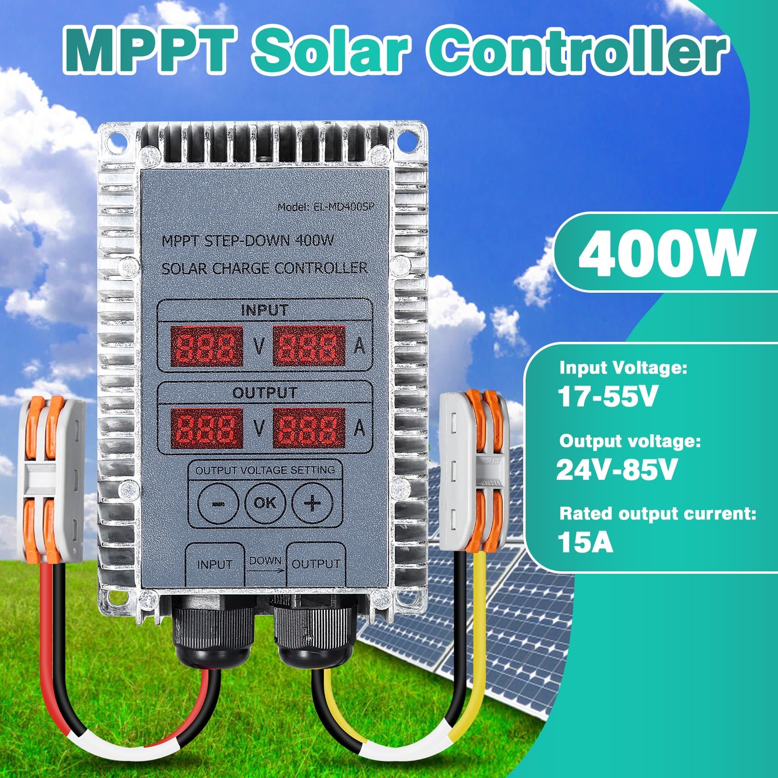 DEWIN Controlador de Carga Solar, Boost MPPT Regulador de Carga Solar 24-85V Voltaje Ajustable Step Up Cargador de Batería Solar 400W