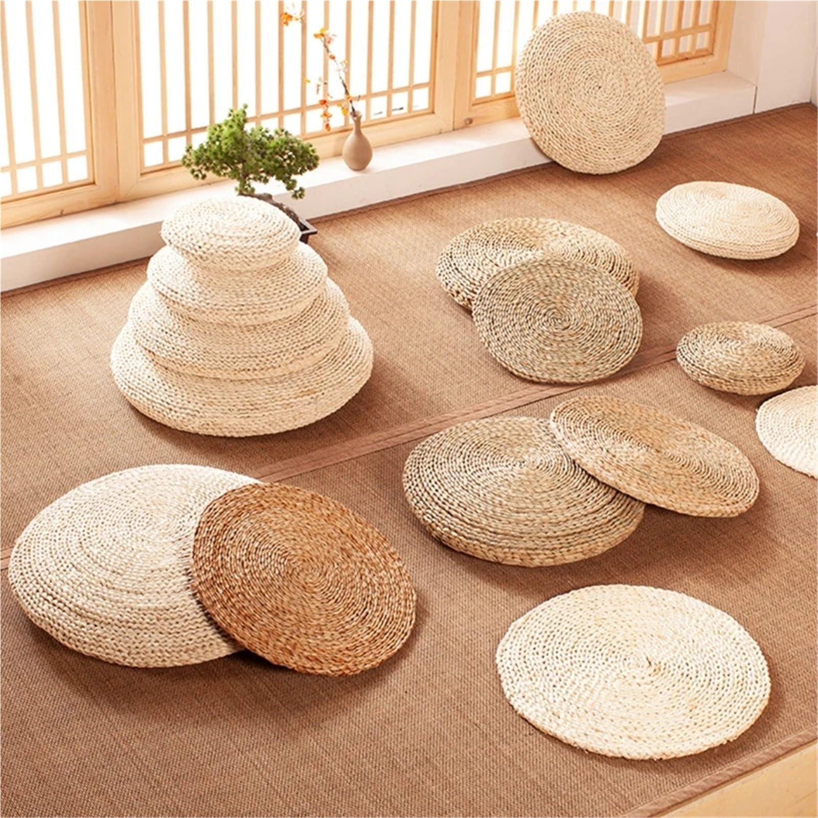 Tapis de méditation Yoga Pouf rond mince paille rotin tissé for le tapis coussin siège for salon à la maison pour Méditation