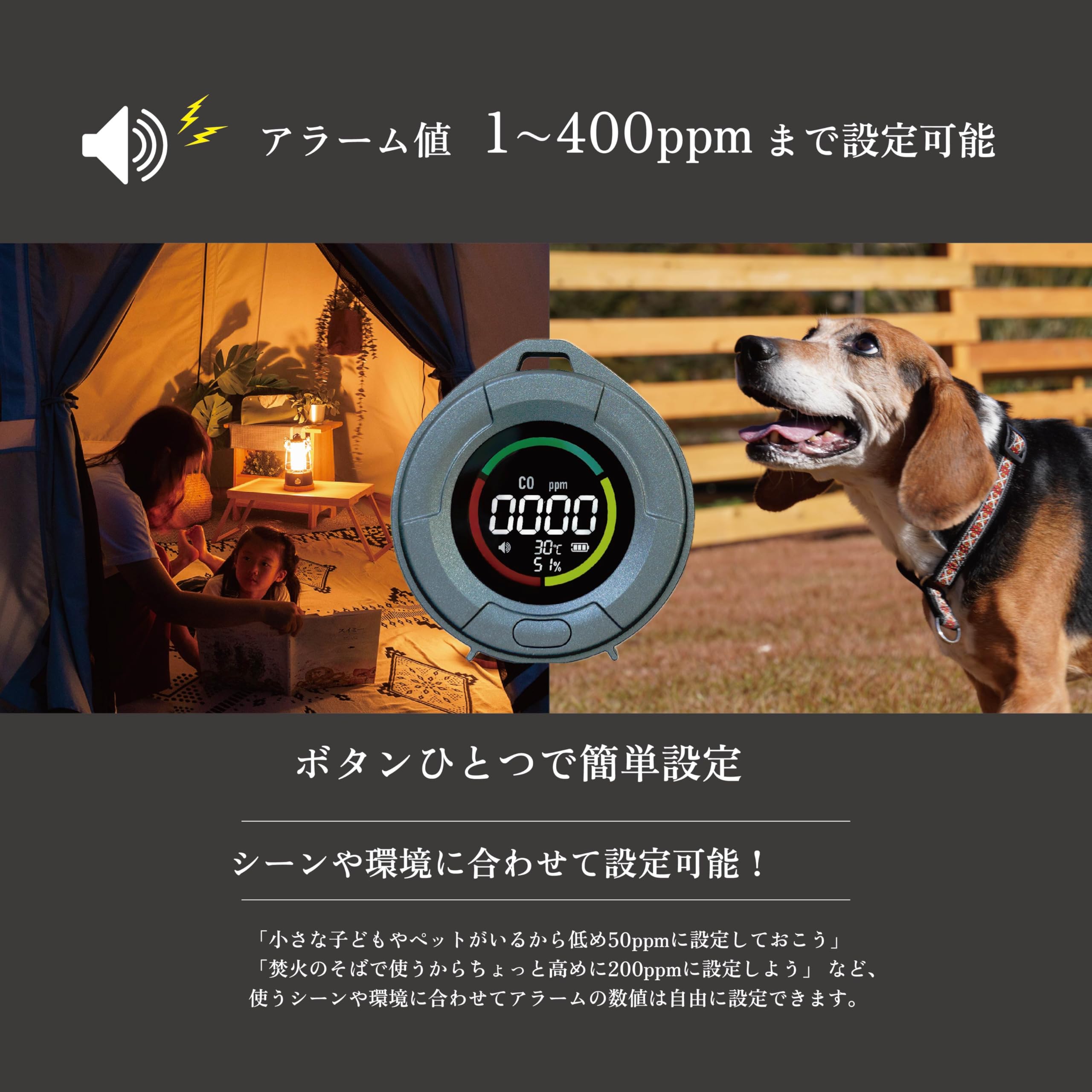 [TOMONARI] 一酸化炭素チェッカー 日本製センサー 充電式 キャンプ アウトドア 車中泊 ストーブ 薪 CO 検知器 アラーム 警報 カラビナ付属 沢田テント (ストーングレー)