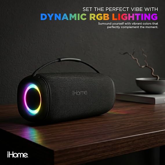 iHome Quest Max Portable Wireless Bluetooth Speaker with Carry Strap | Bluetooth 5.3, TWS Pairing, Water-Resistant, RGB Color-Changing Lights, Rechargeable Battery, USB-C Charging, True Stereo