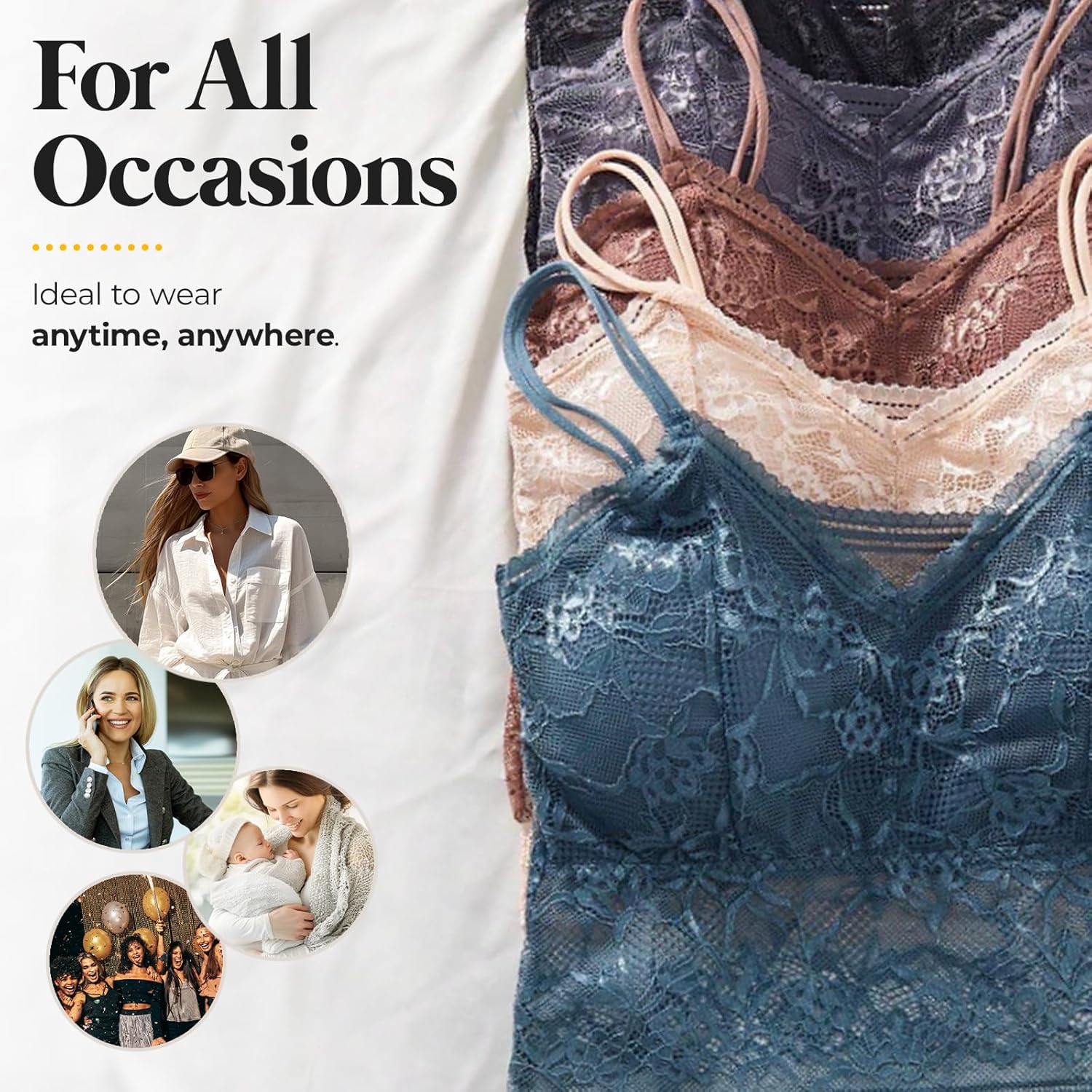 Womens Lace Camisole Bralette Top Wireless Spaghetti Strap with Contrast Lace, Adjustable Removable Padding - Image 3