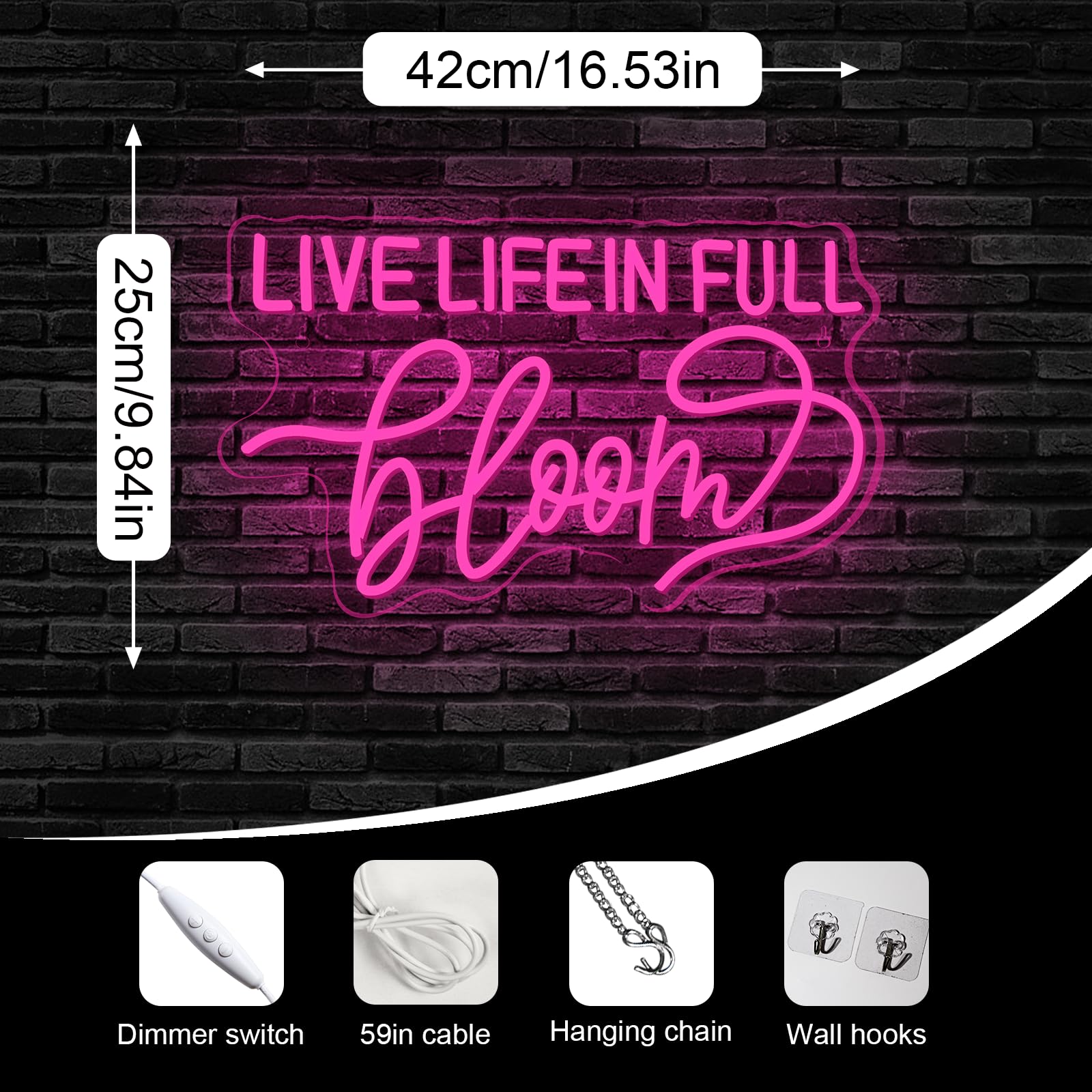 Live Life In Full Bloom Neonschild, LED-Neonlicht, Wanddekoration für Hochzeit, Brautparty, Party & Fotoshooting, beleuchtetes Schild für Zuhause, USB dimmbar