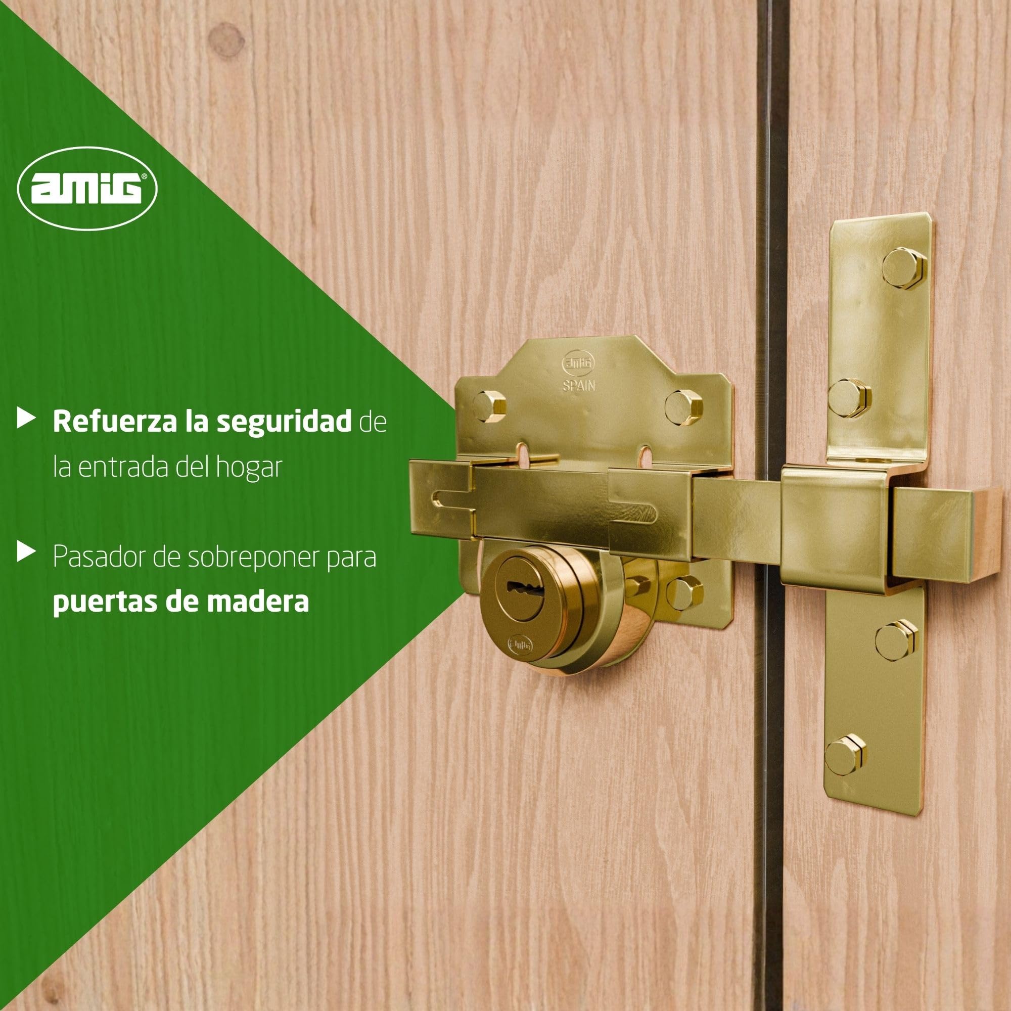 Amig - Cerrojo de Sobreponer con Cilindro Redondo Interior y Exterior Mod. 4-105 x 170 mm - Cerradura de Seguridad con Llave - Incluye 5 Llaves de Punto - Acero Dorado