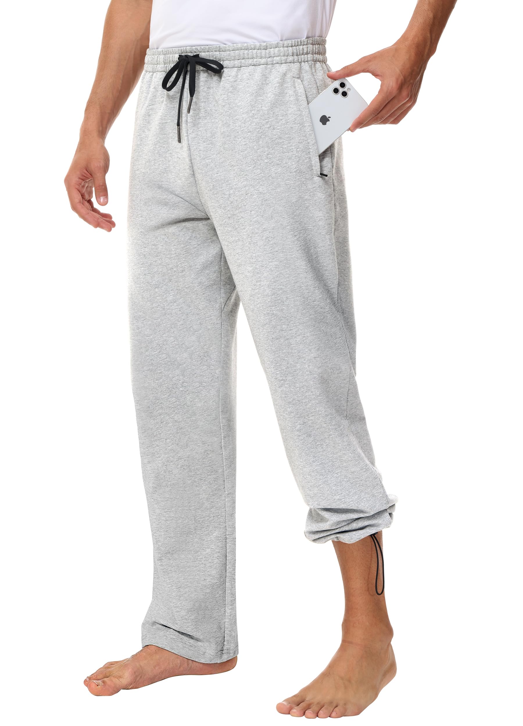 Mens 30 34 36 Cotton Yoga Sweatpants - Athletic Casual Lounge Open Bottom Straight Leg Loose Pants Zipper