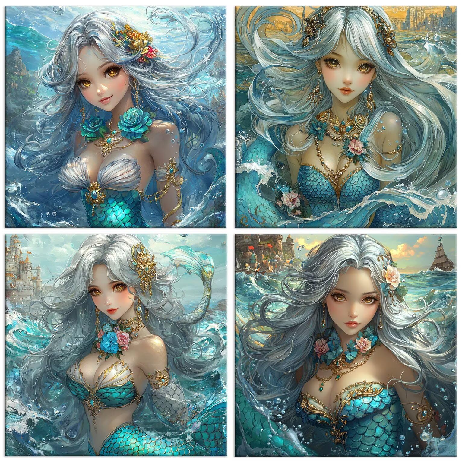5D Diamond Painting Meerjungfrau, Diamant Malerei Erwachsene 50x50cm w-561 | 4 Pack Diamond Painings Erwachsene, 5D DIY Diamant Malerei Mosaikherstellung für Relaxation and as a Wall Deko Geschenk