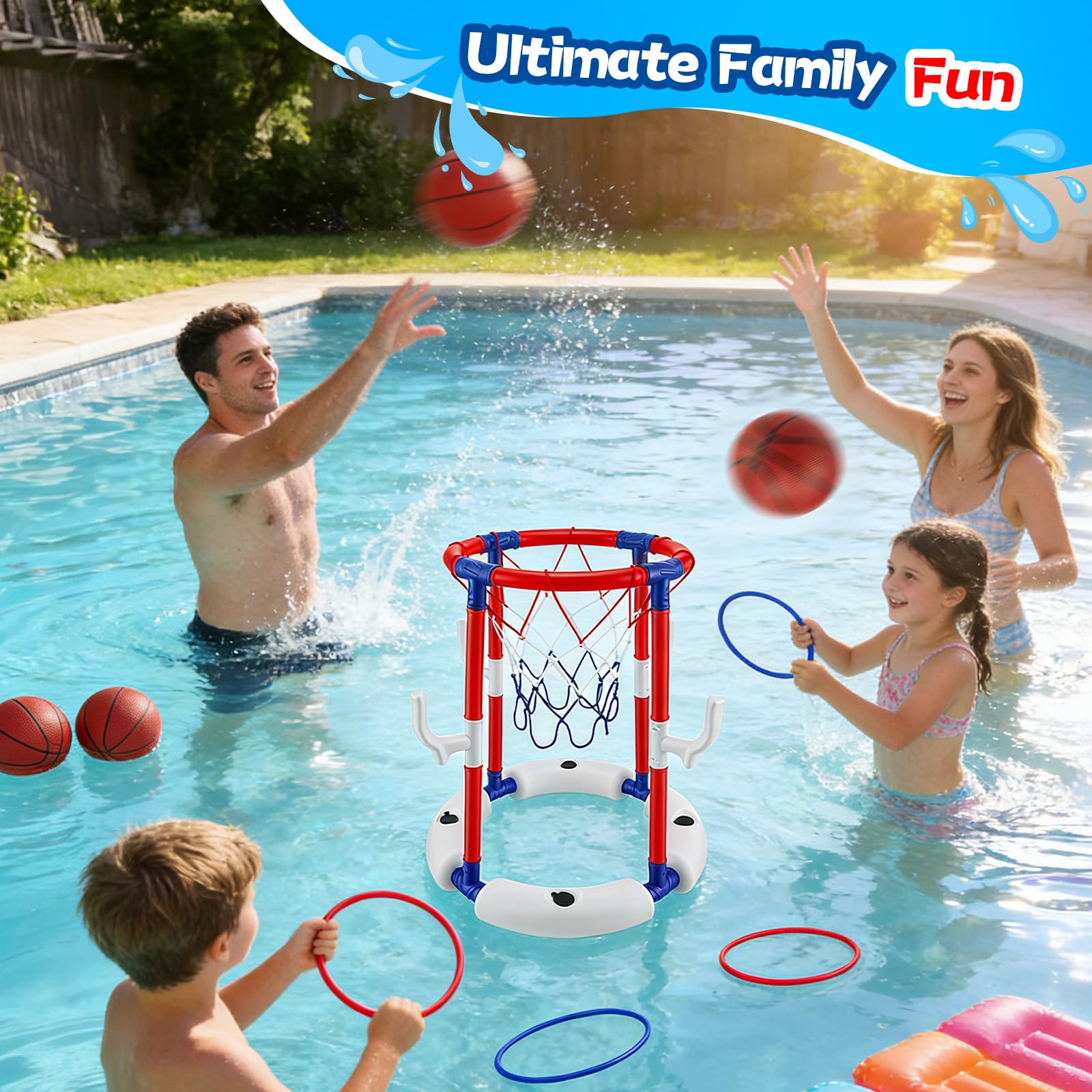 Canestro da Basket per Piscina 2-in-1, Galleggianti per Piscina per Bambini e Adulti, con 4 Palloni 12 Anelli, Gioco Acqua Cerchi da Lancio, Canestro Basket Bambini per Estate e Divertimento in Acqua