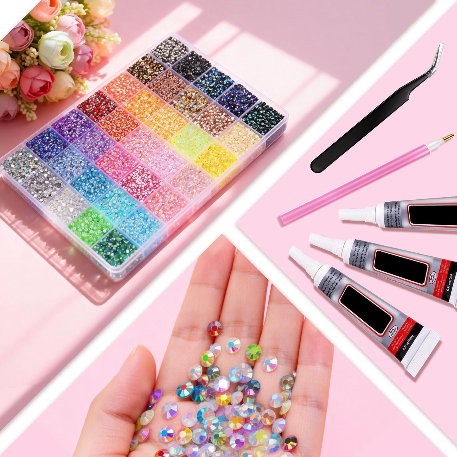 32000Pcs 3mm Rhinestones for Bedazzling, 40Colors Bedazzling Kit, with 5 Tubes of Glue, Bedazzled Kit for Nail Crafts Shoes Clothes DIY Decoration — view 6